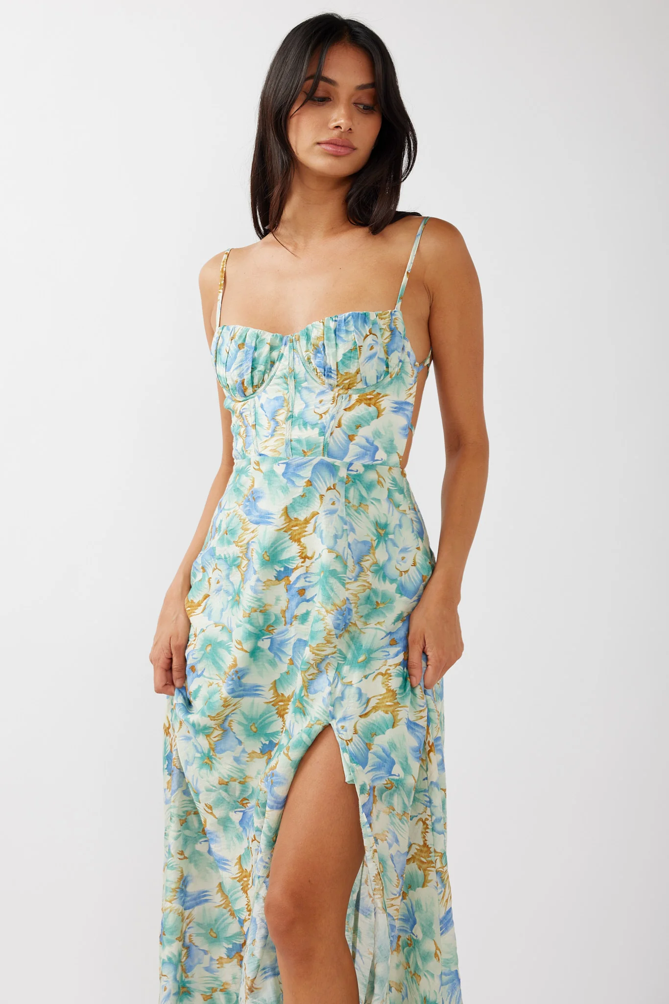 Echoes Tied Back A-Line Midi Dress Floral Green - Image 6