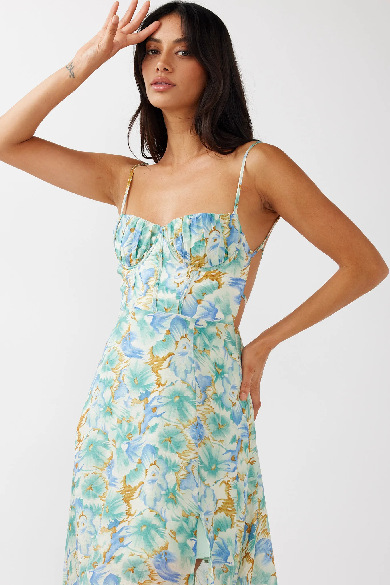 Echoes Tied Back A-Line Midi Dress Floral Green - Image 7