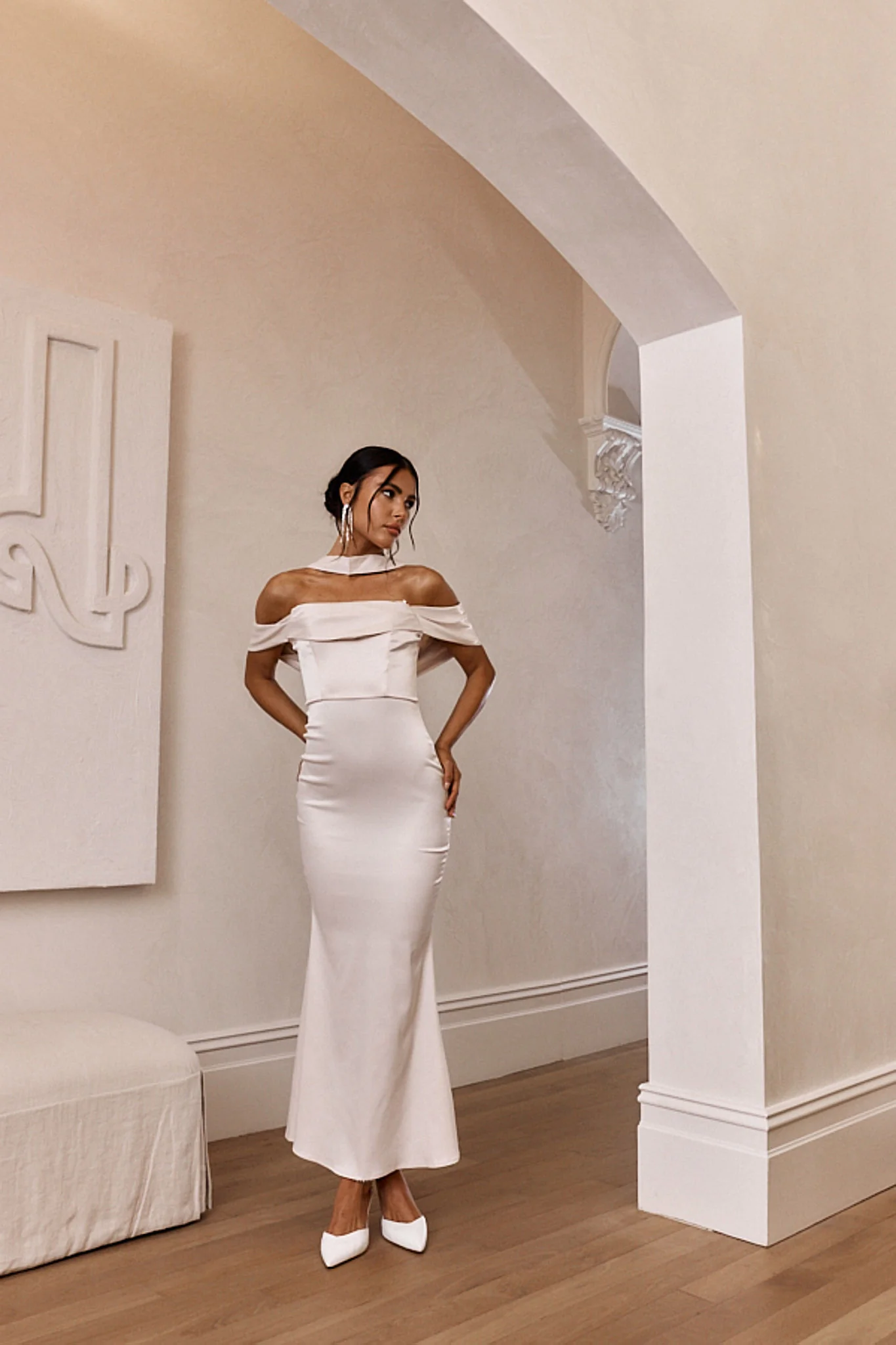 Eclipse Draped Sleeve Midi Dress Beige - Image 3