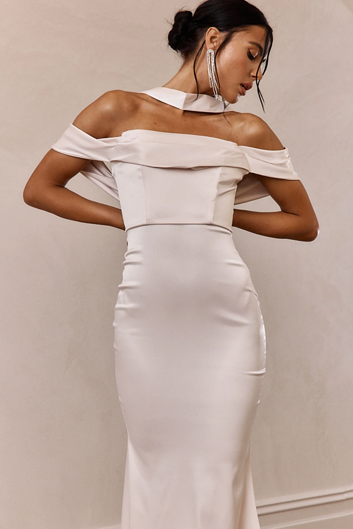 Eclipse Draped Sleeve Midi Dress Beige - Image 4