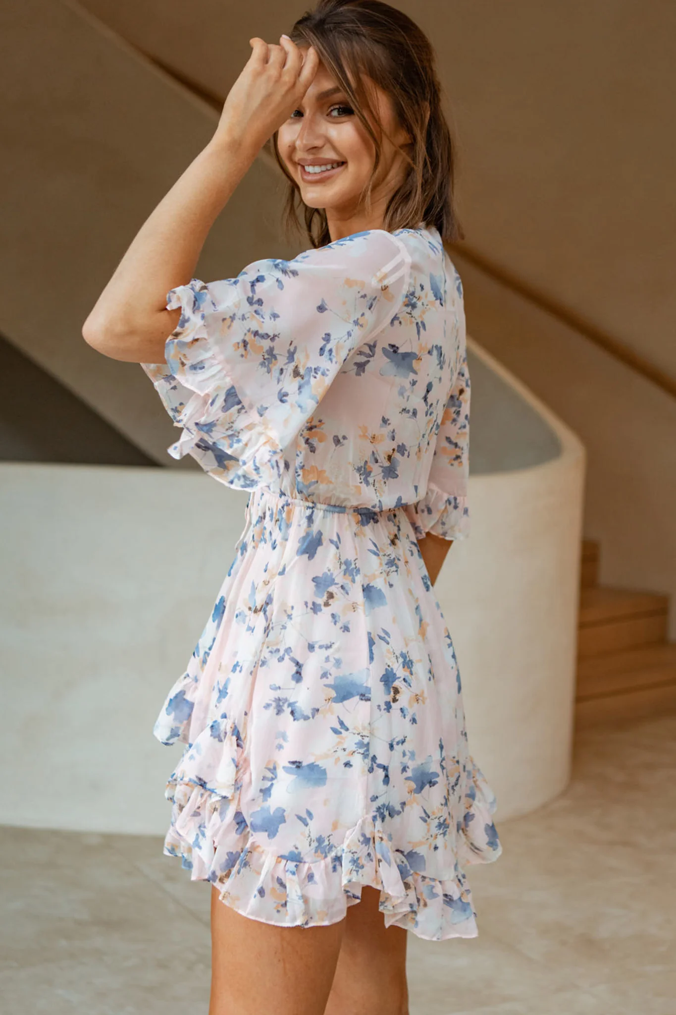 El Cerrito Flared Sleeve Godet Hem Dress Floral Print Pink - Image 5