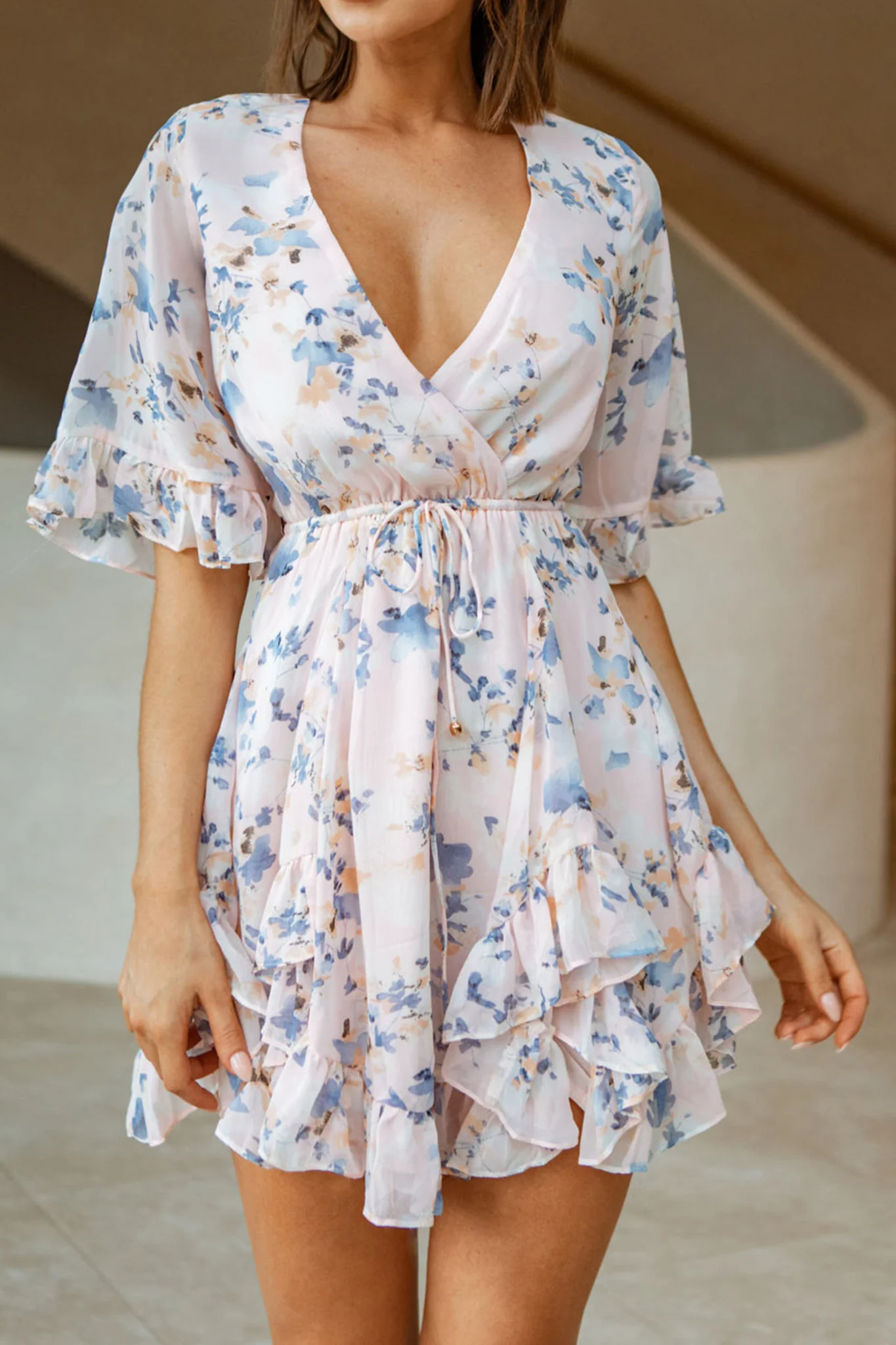 El Cerrito Flared Sleeve Godet Hem Dress Floral Print Pink - Image 6