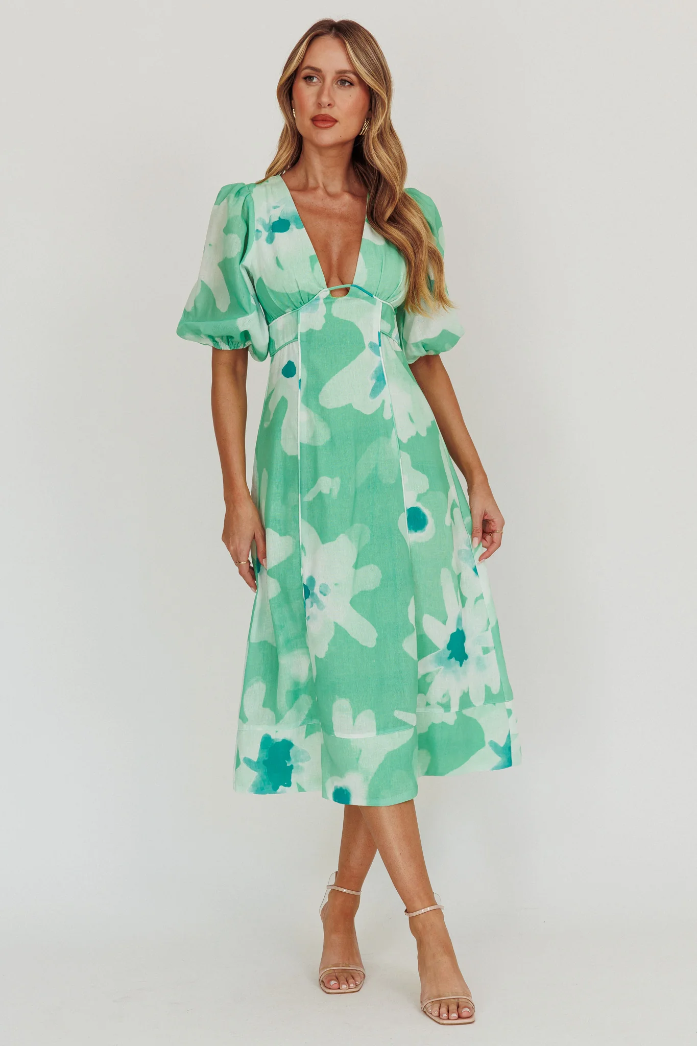 Elias Puff Sleeve Midi Dress Green - Image 5