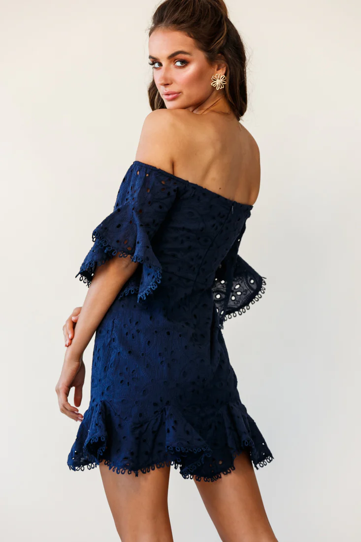 Elissa Off-Shoulder Broderie Anglaise Dress Navy - Image 5