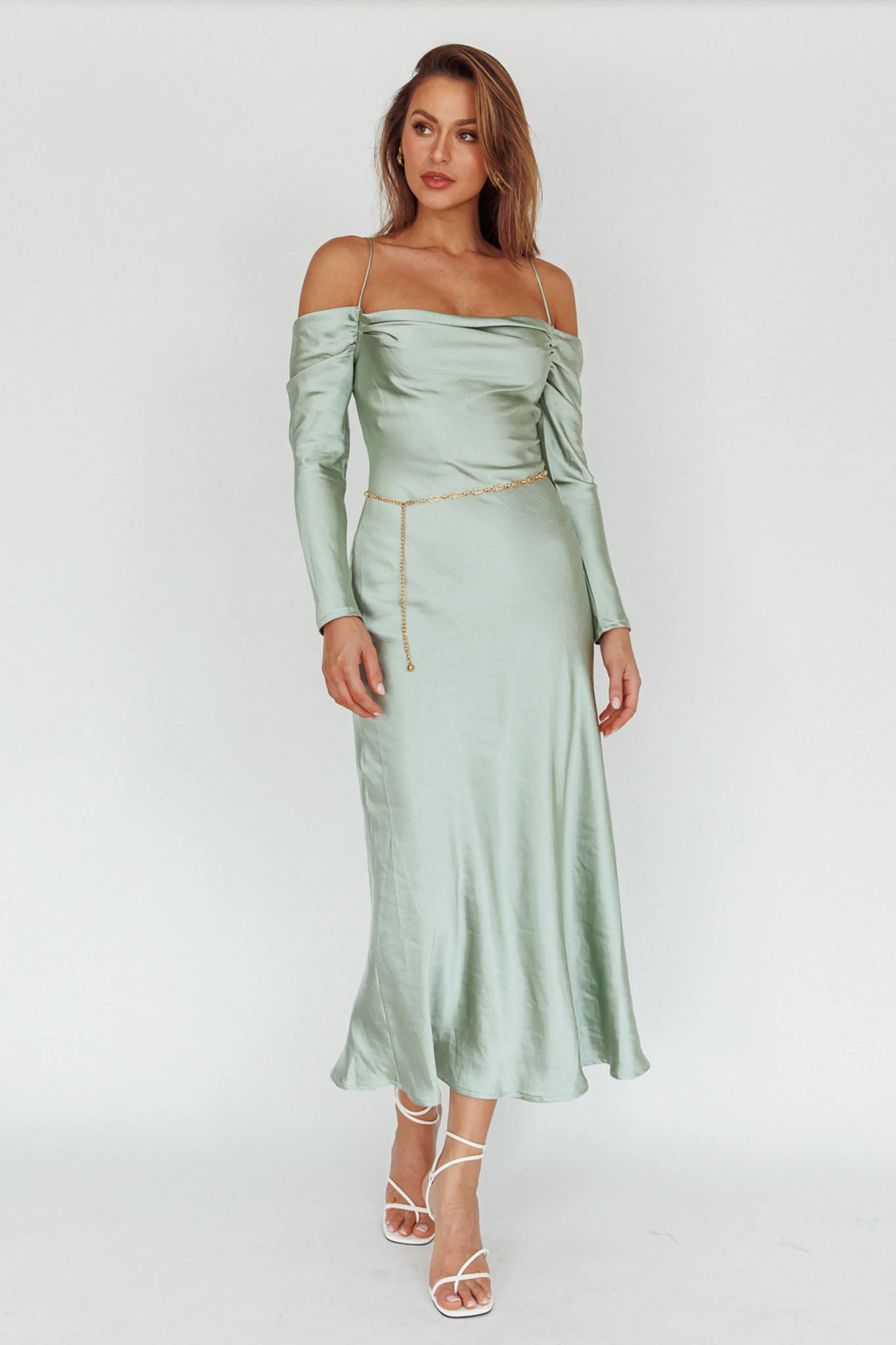 Ellory Long Sleeve Off-Shoulder Dress Sage - Image 5