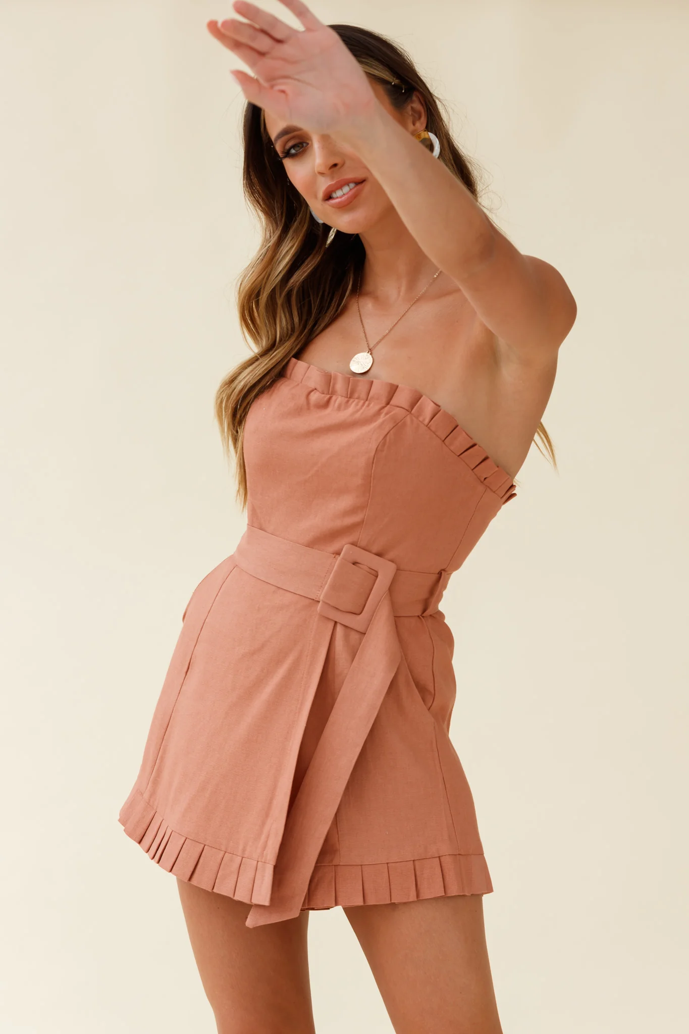 Elodie Pleat Trim Belted Skort Romper Tan - Image 7