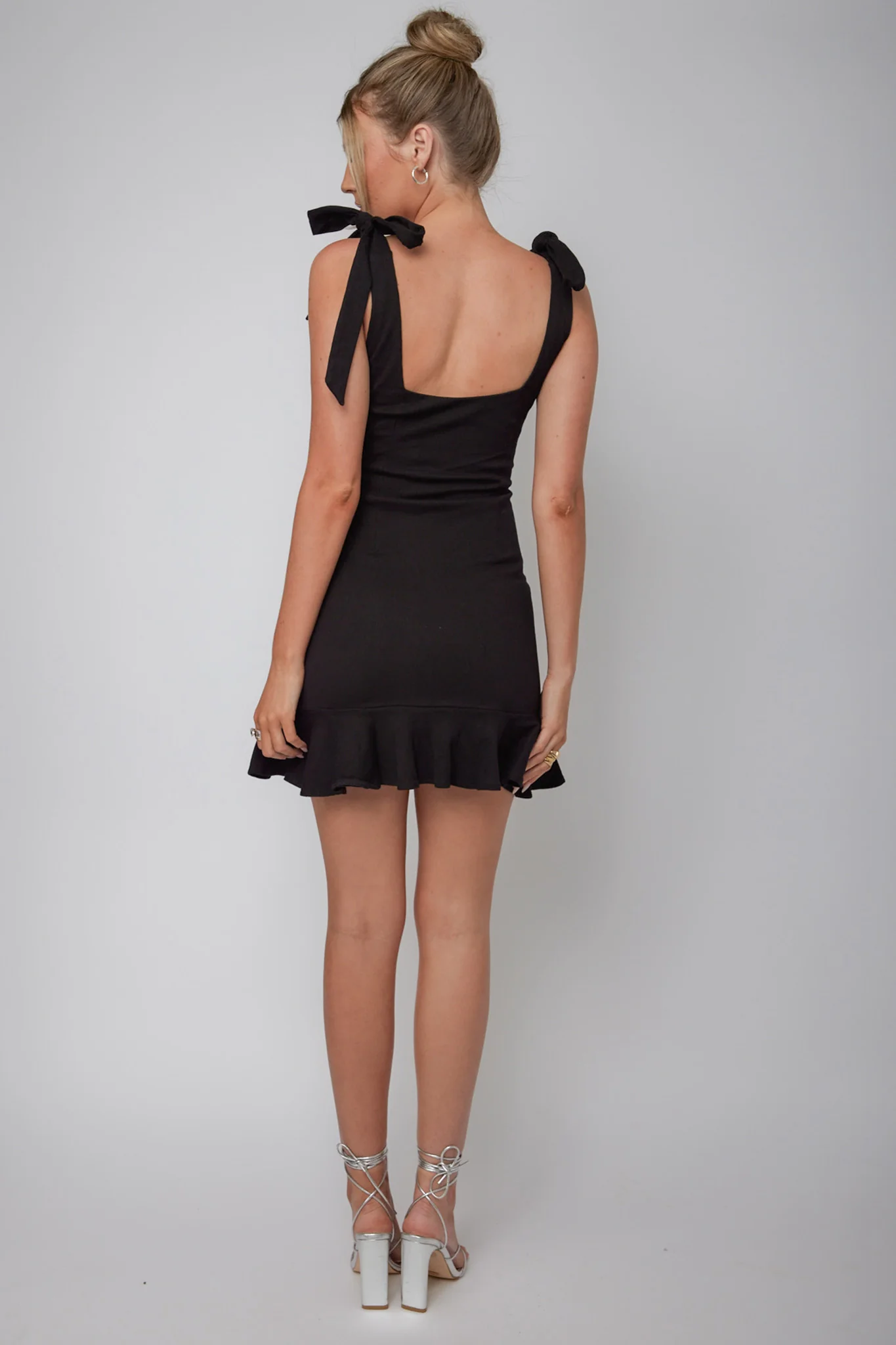 Emine Bow Shoulder Ruffle Mini Dress Black - Image 3