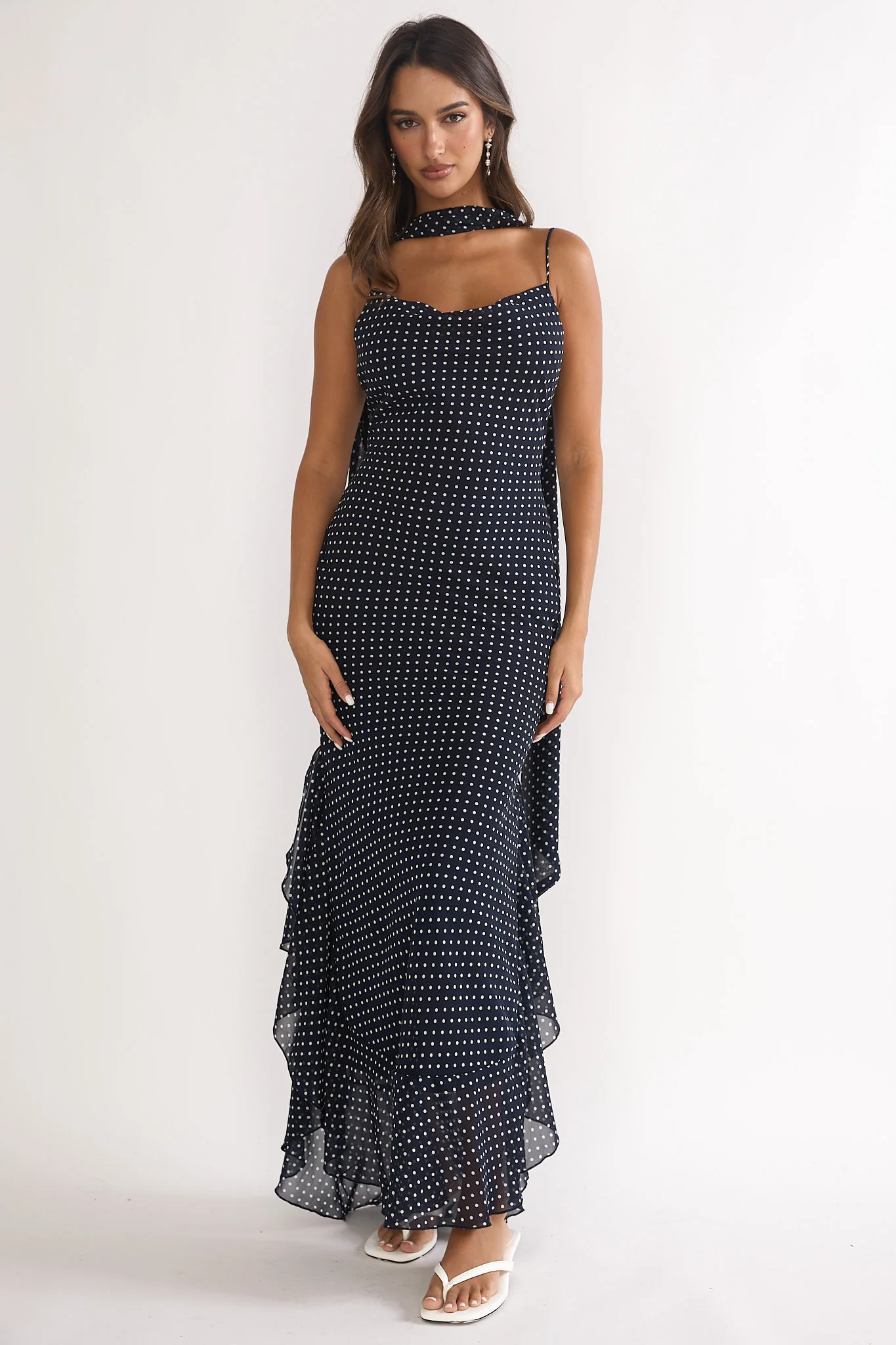 Emmara Tied Shoulder Maxi Dress Polka Dot Navy - Image 4