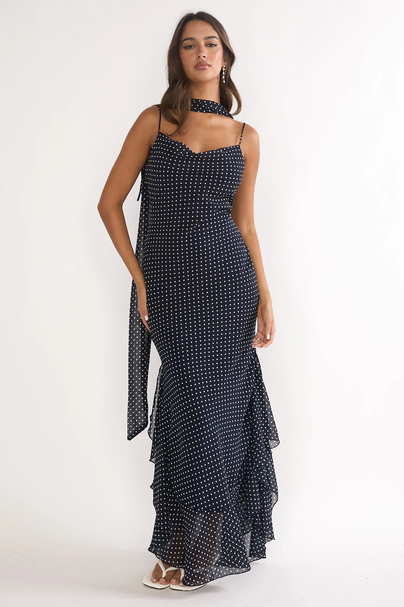 Emmara Tied Shoulder Maxi Dress Polka Dot Navy - Image 5