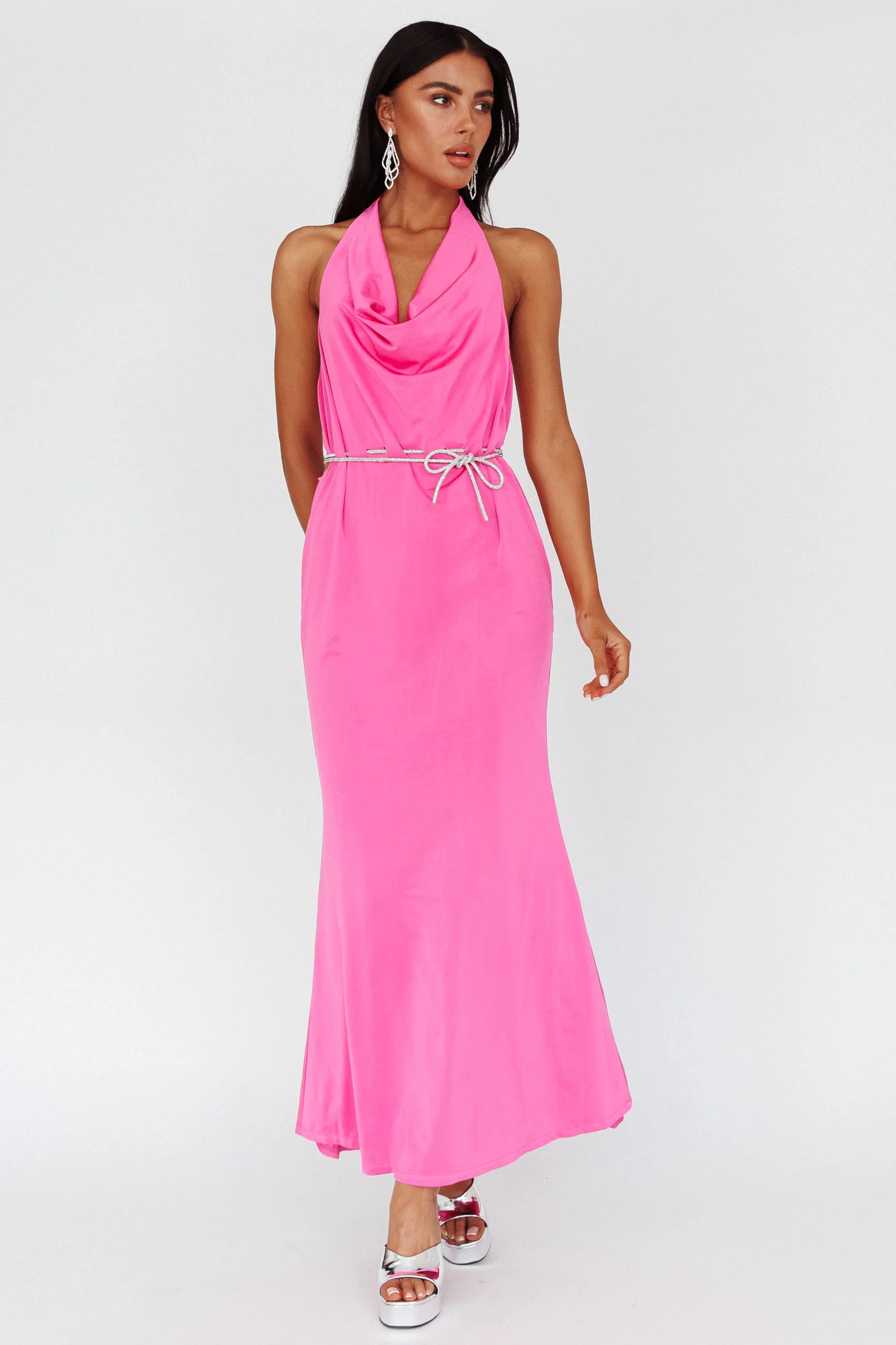 Emmi Cowl Neck Diamante Rope Dress Magenta - Image 5