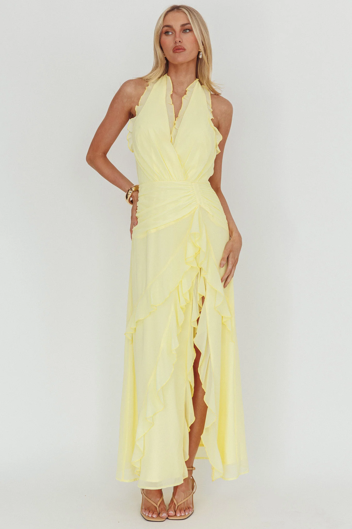 Enticing Halterneck Frill Maxi Dress Yellow - Image 5