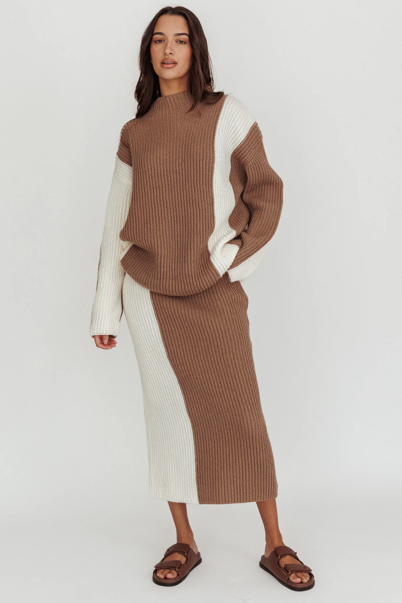 Eos Ribbed Knit Midi Skirt Mocha Cream - Image 2