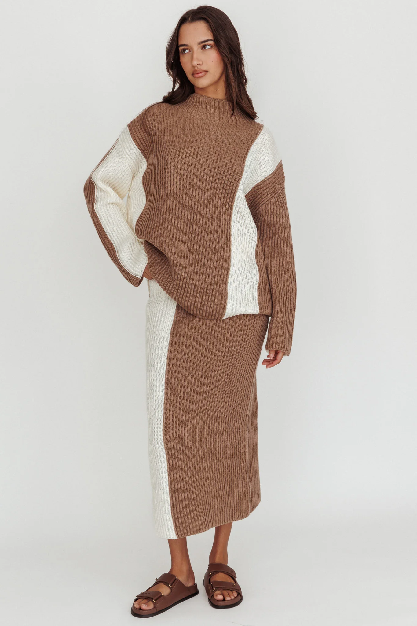 Eos Ribbed Knit Midi Skirt Mocha Cream - Image 4