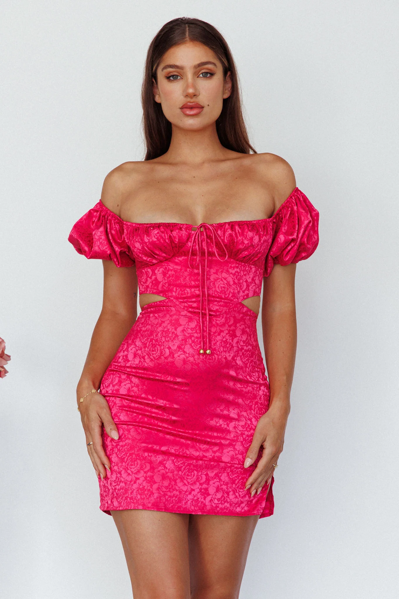 Eryn Puff Sleeve Jacquard Mini Dress Hot Pink