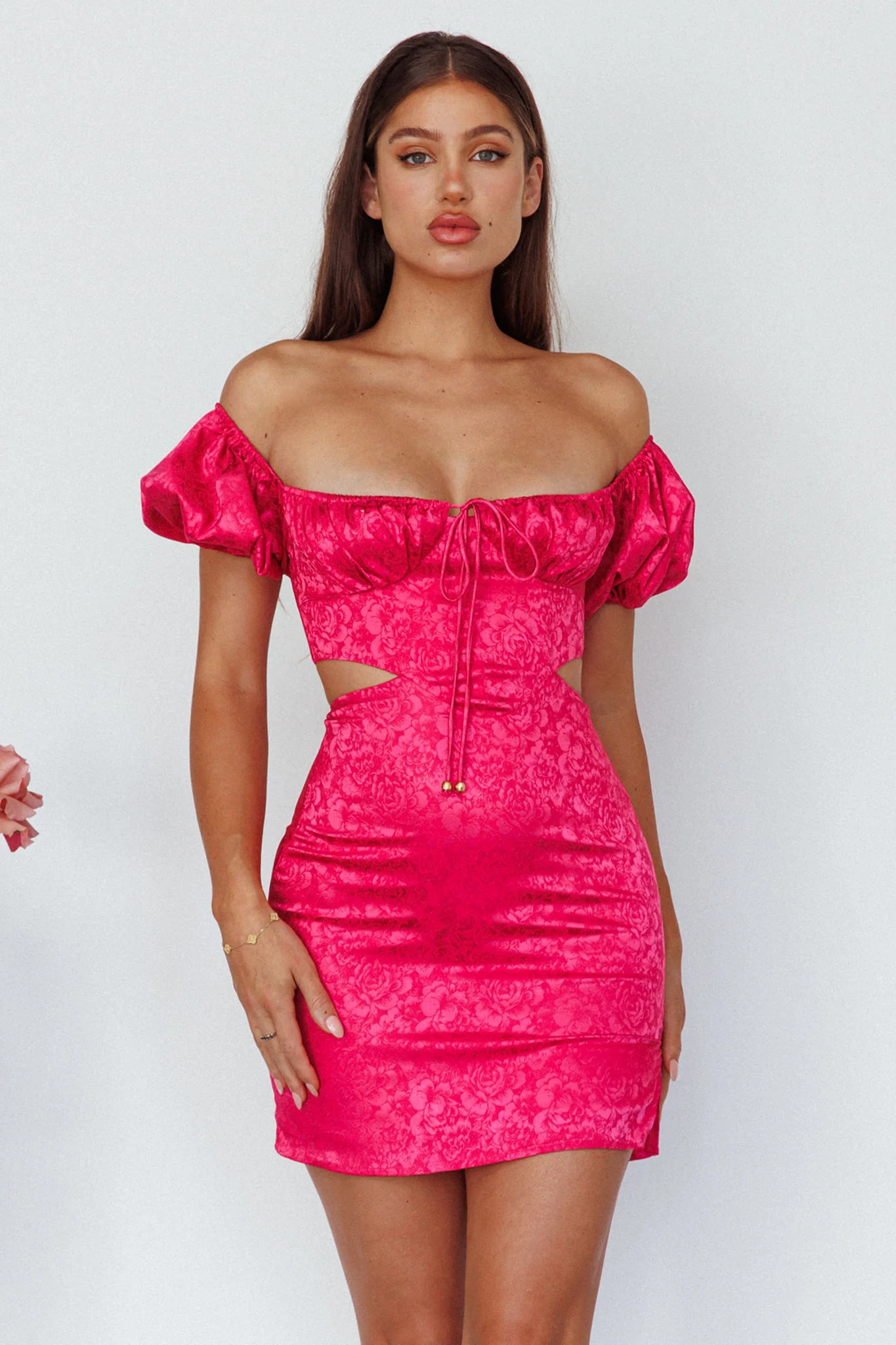 Eryn Puff Sleeve Jacquard Mini Dress Hot Pink - Image 5