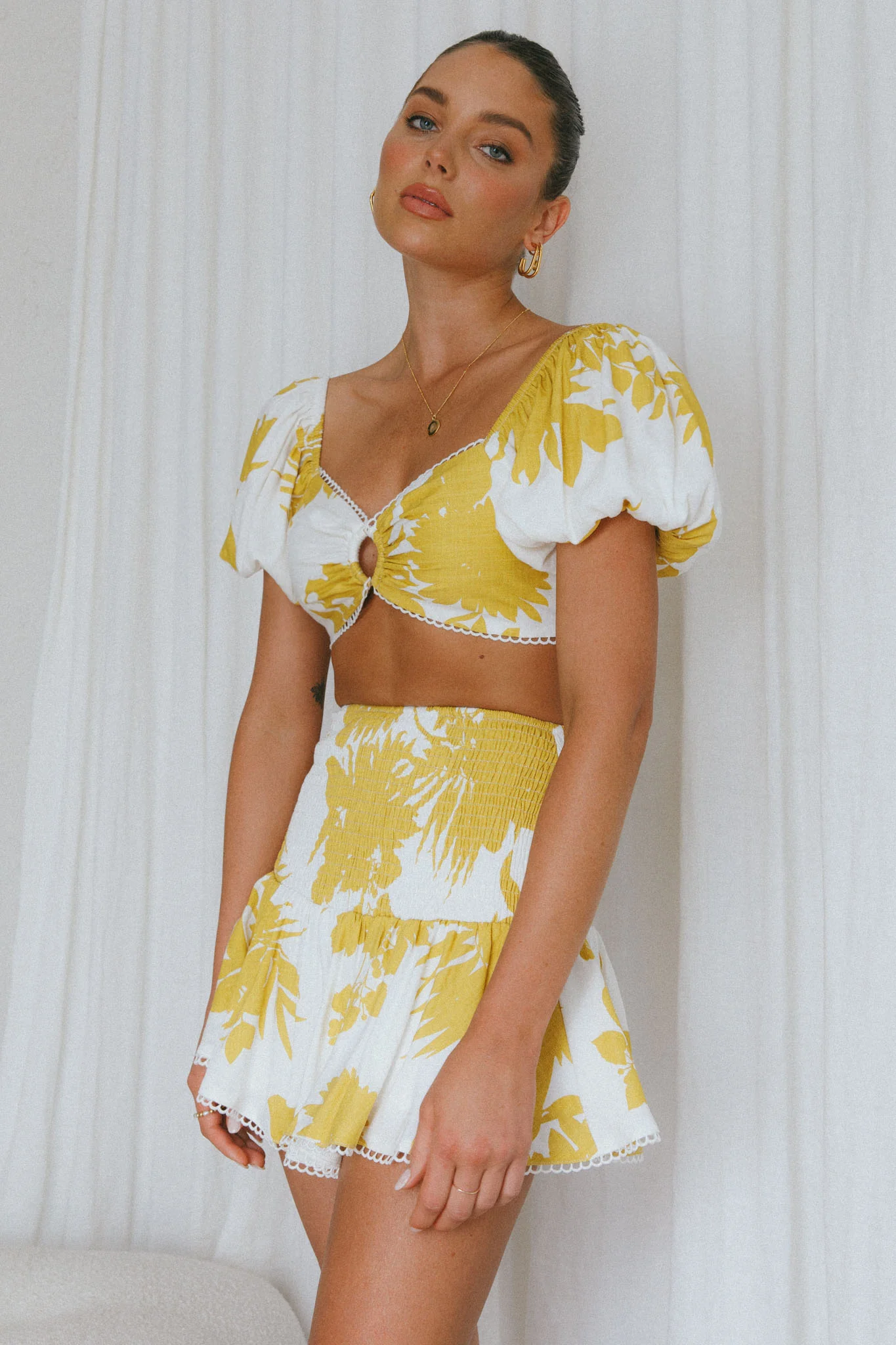 Escape With Me Shirred Mini Skirt Printed Mustard - Image 9