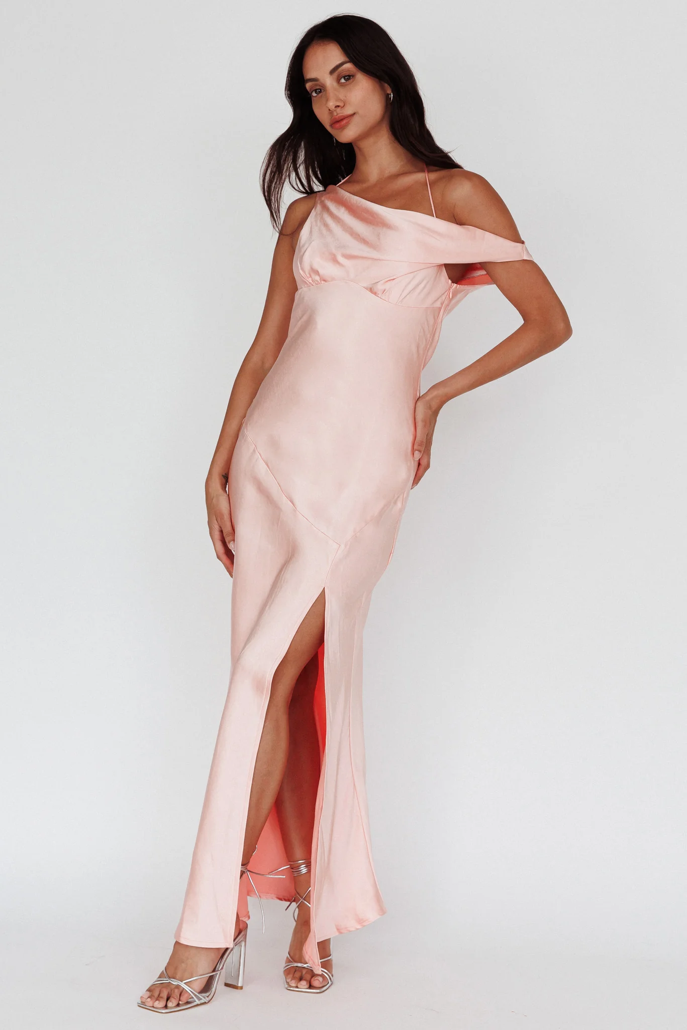 Etienne Off-Shoulder Halter Midi Dress Shimmer Pink - Image 3