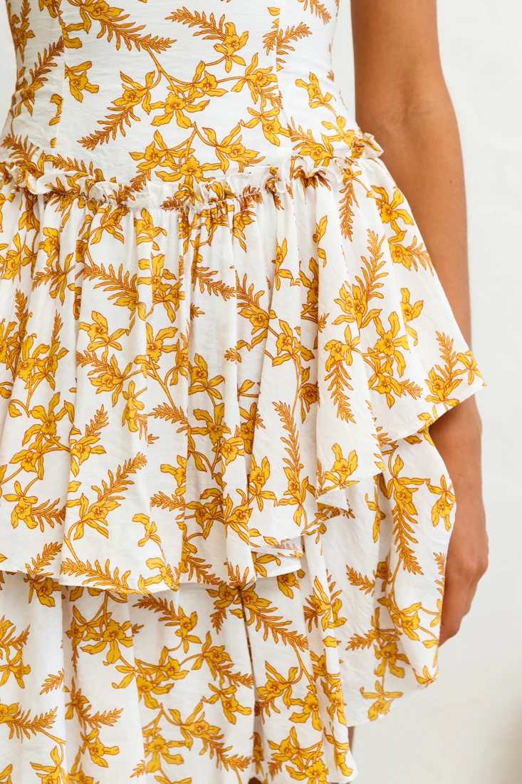 Evie Fitted Bodice Double Flounce Hem Floral Print Dress White - Image 4