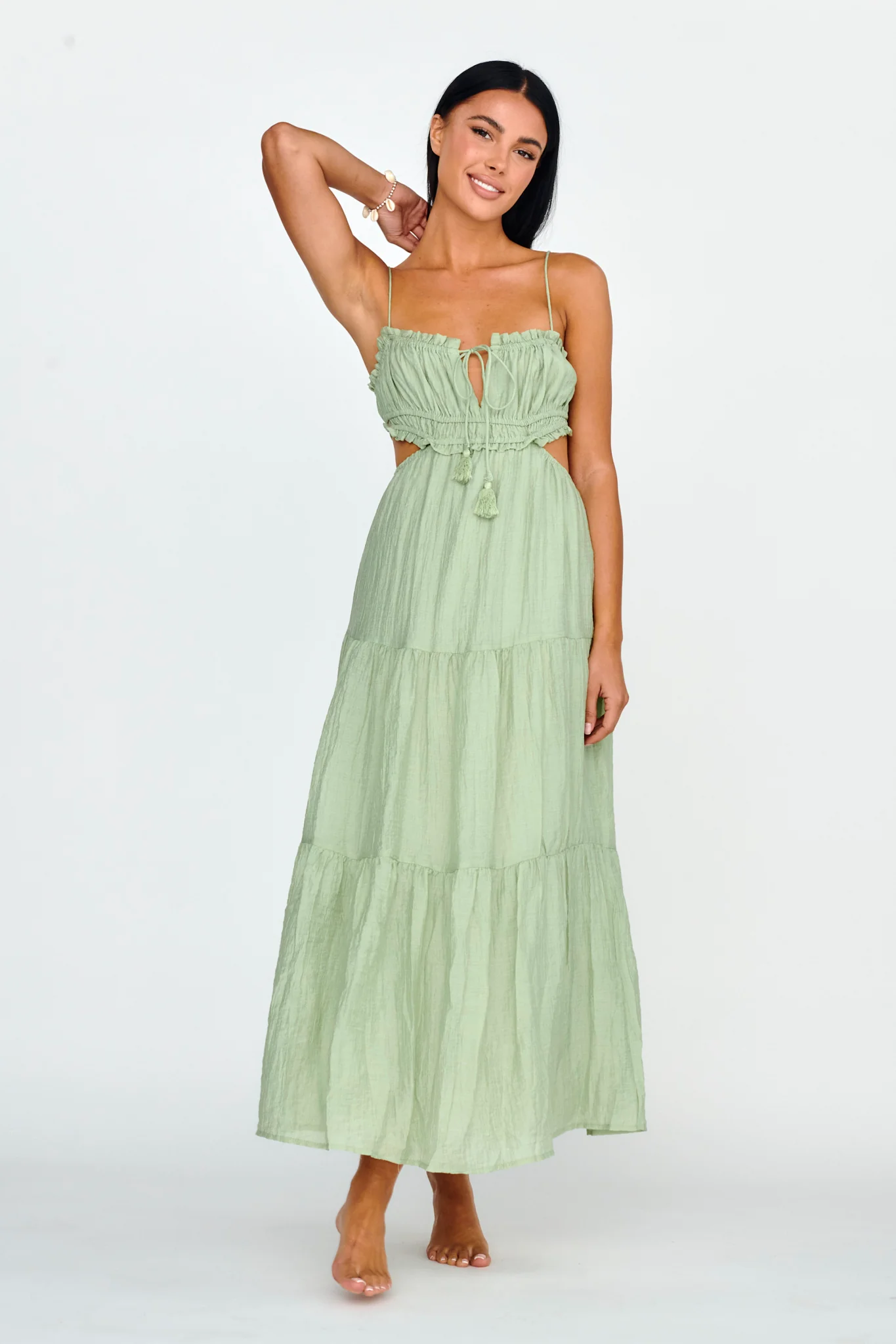 Eyona Cut-Out Waist Tie Maxi Dress Sage - Image 3