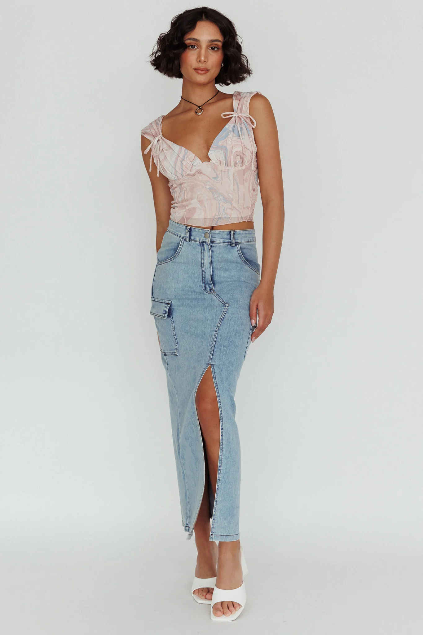 Fairfax Shoulder Tie Crop Top Pink Multi - Image 2