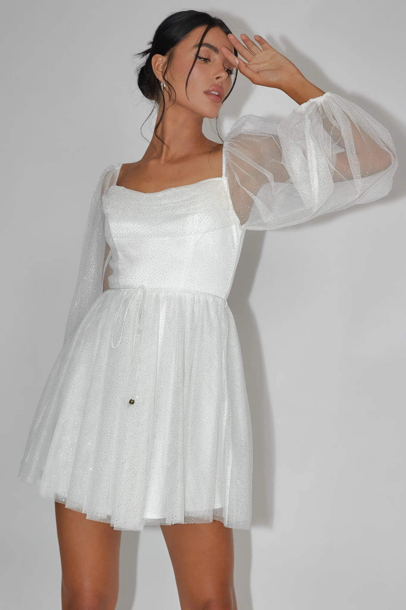 Fairytale Dream Pleat Neckline Mini Dress Sparkle White/Gold - Image 5