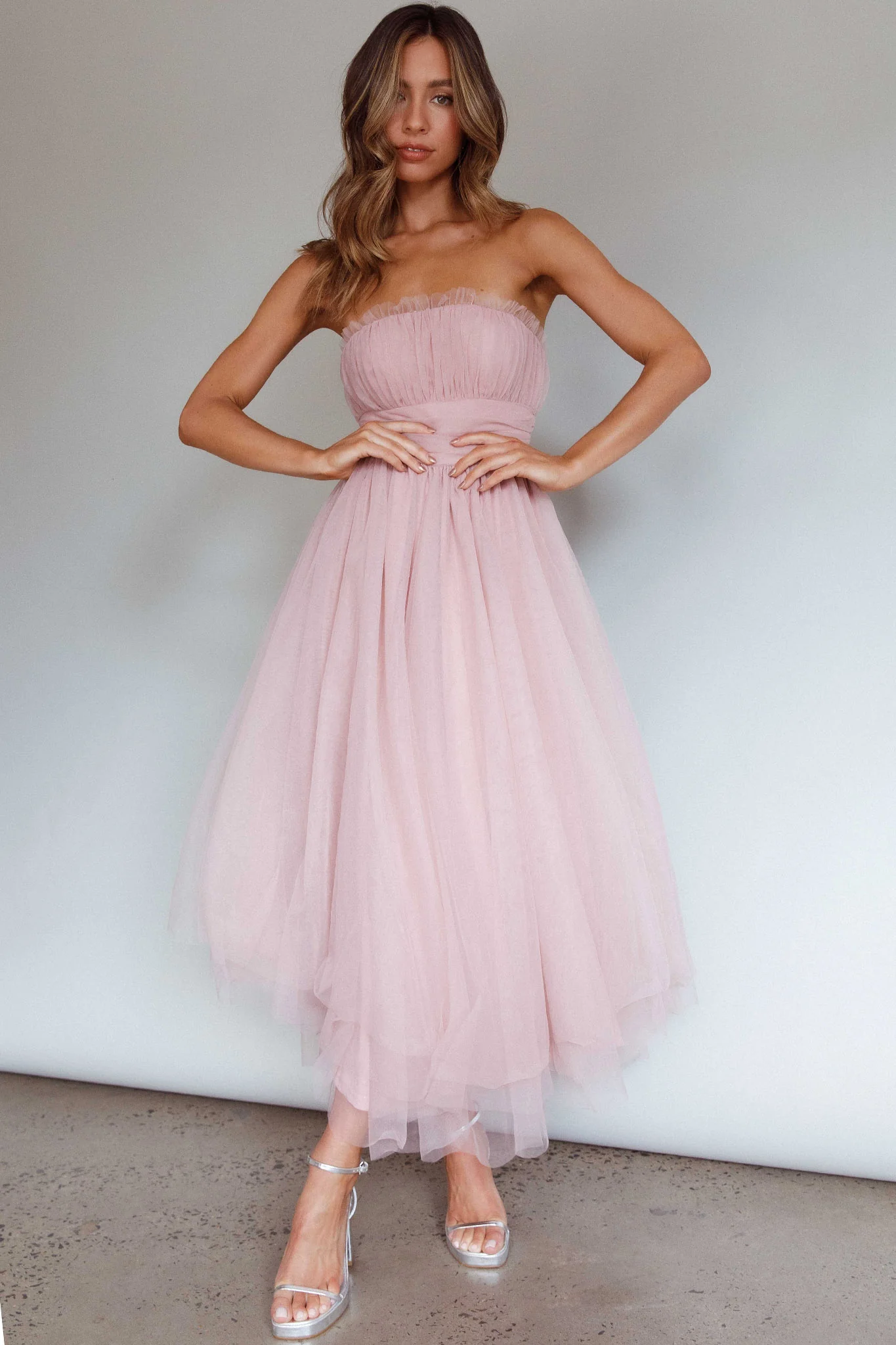 Fayette Strapless Mesh Midi Dress Blush - Image 6