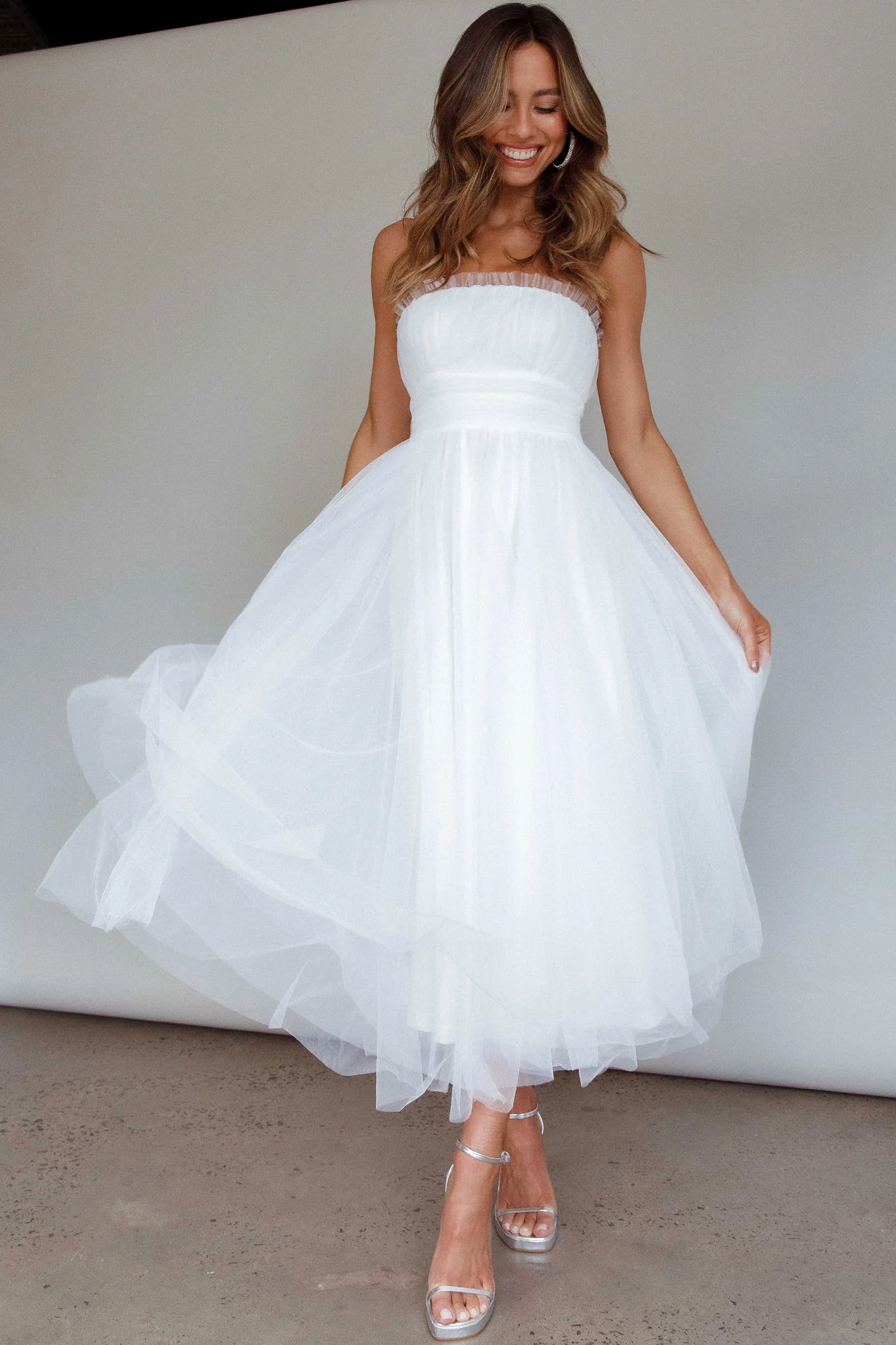 Fayette Strapless Mesh Midi Dress White - Image 6