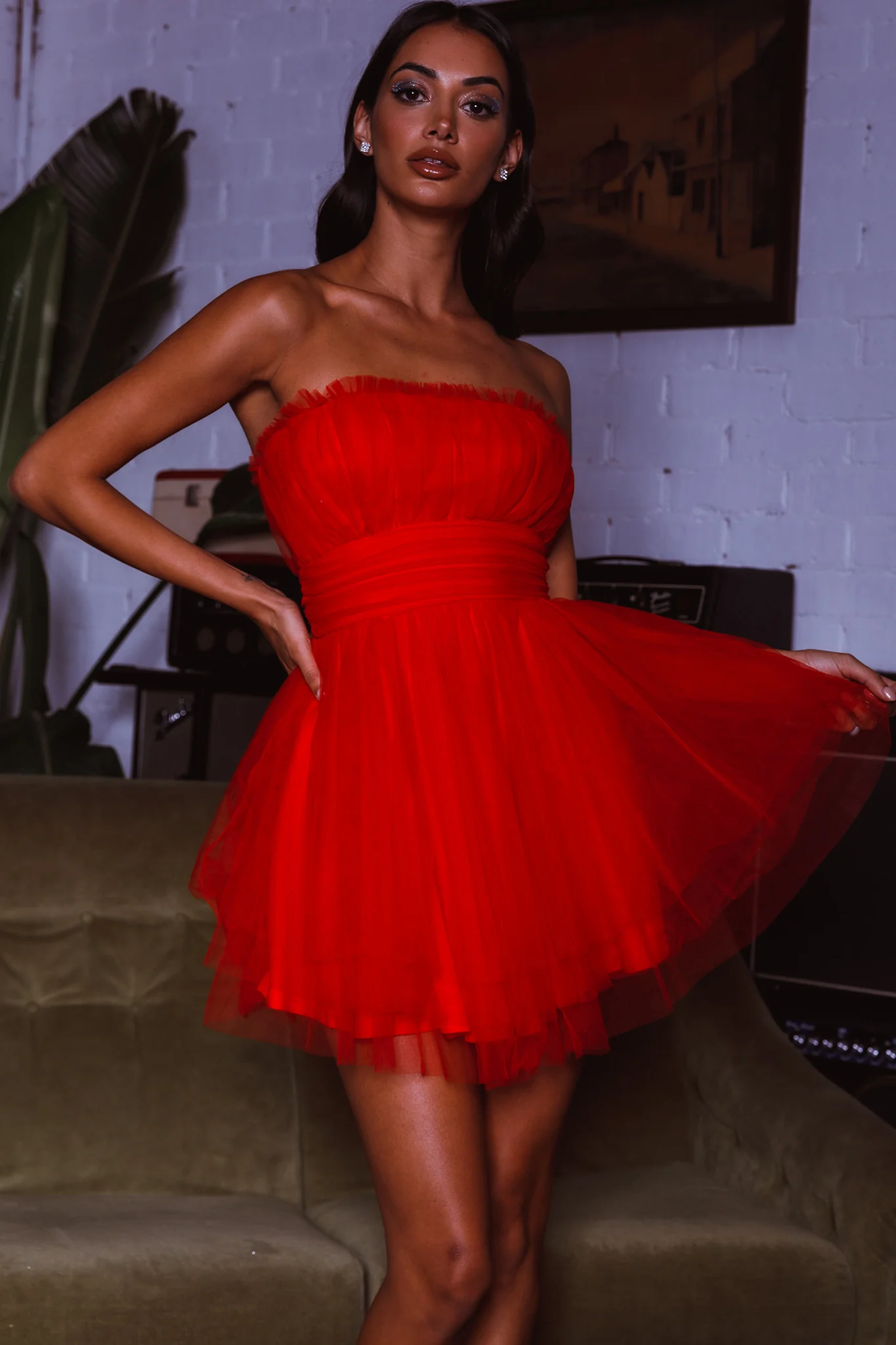 Fayette Strapless Mesh Mini Dress Red - Image 5