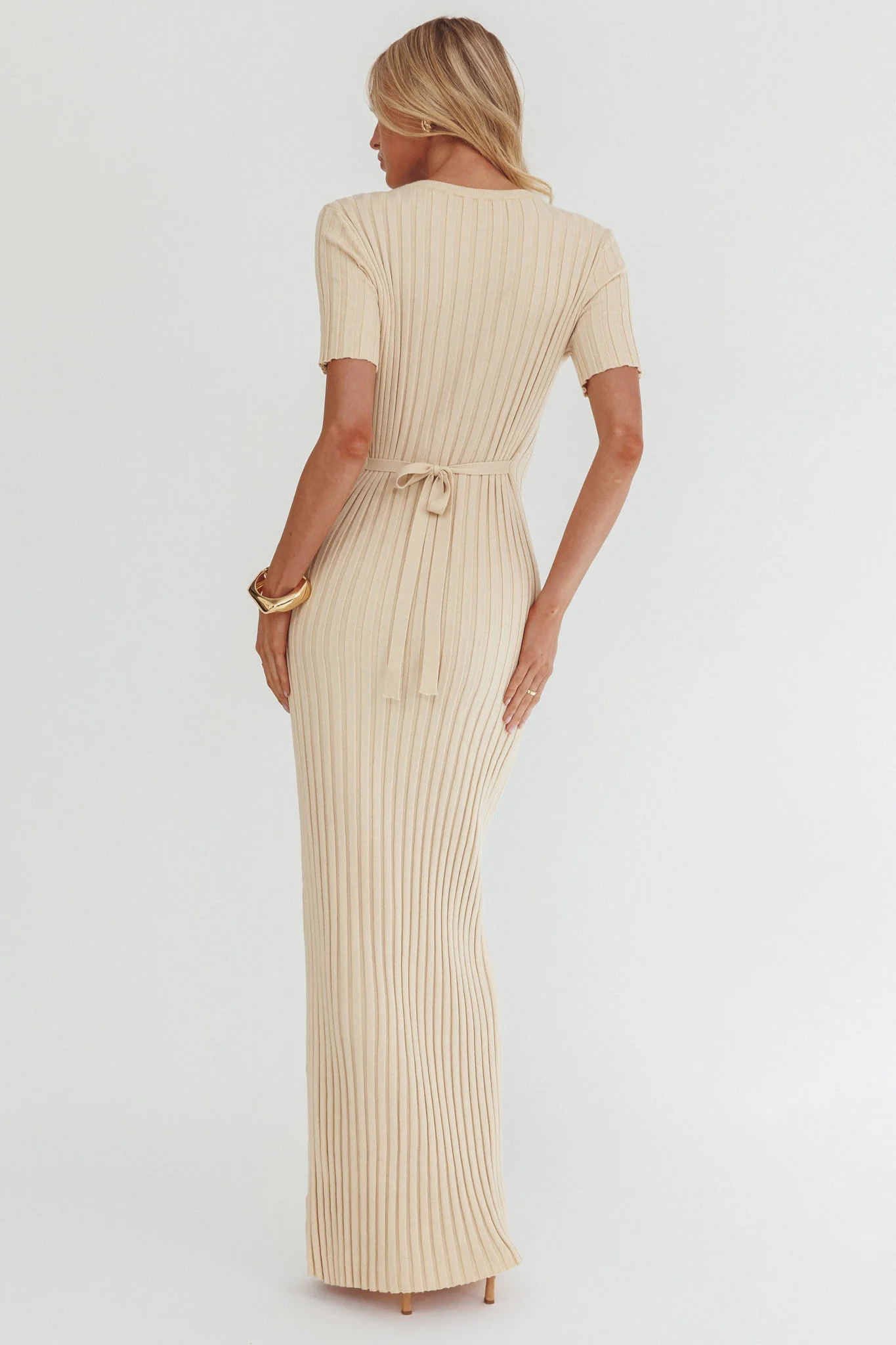 Faylen Waist Tie Ribbed Knit Maxi Dress Cream - Image 3