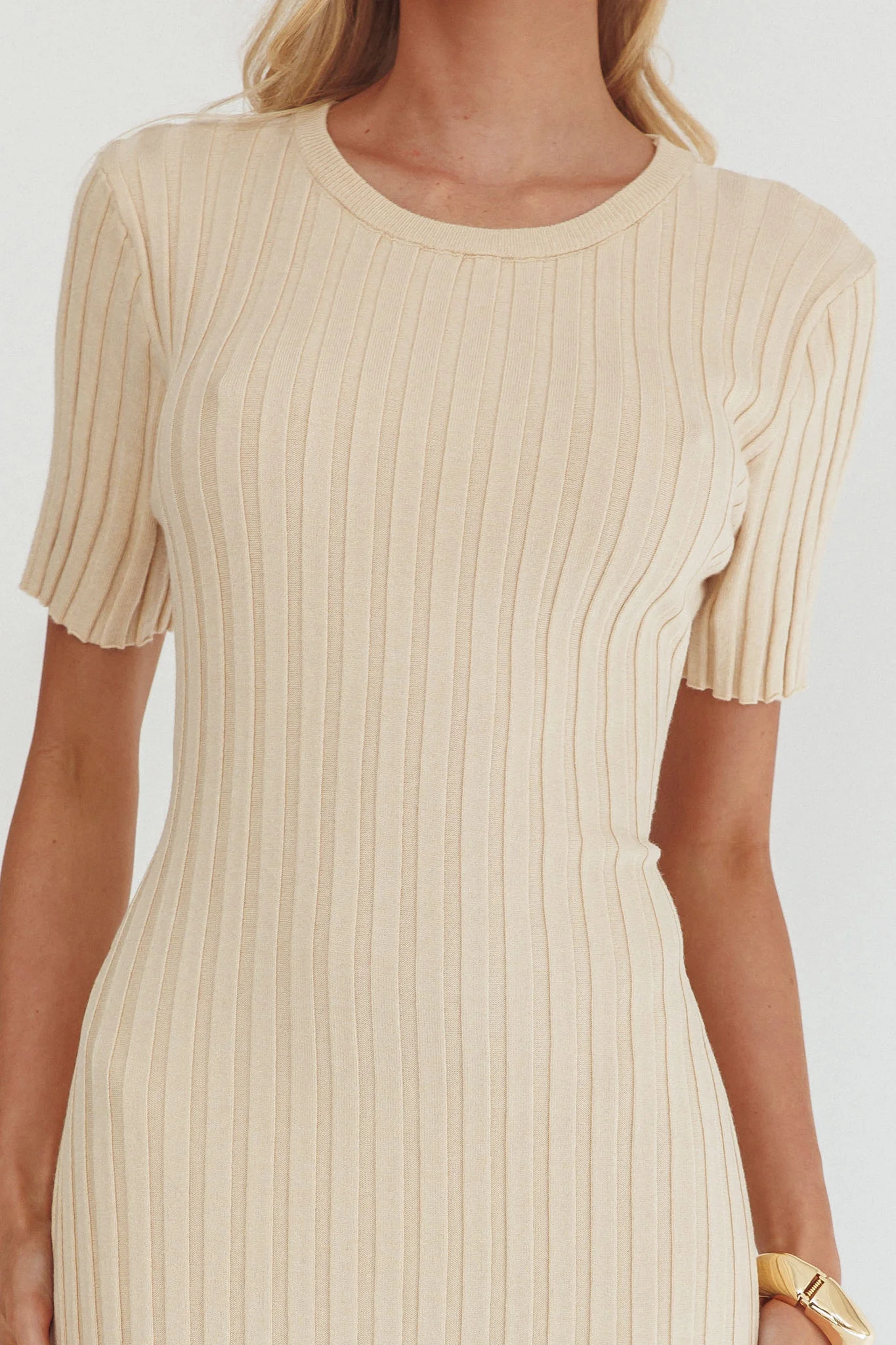Faylen Waist Tie Ribbed Knit Maxi Dress Cream - Image 4