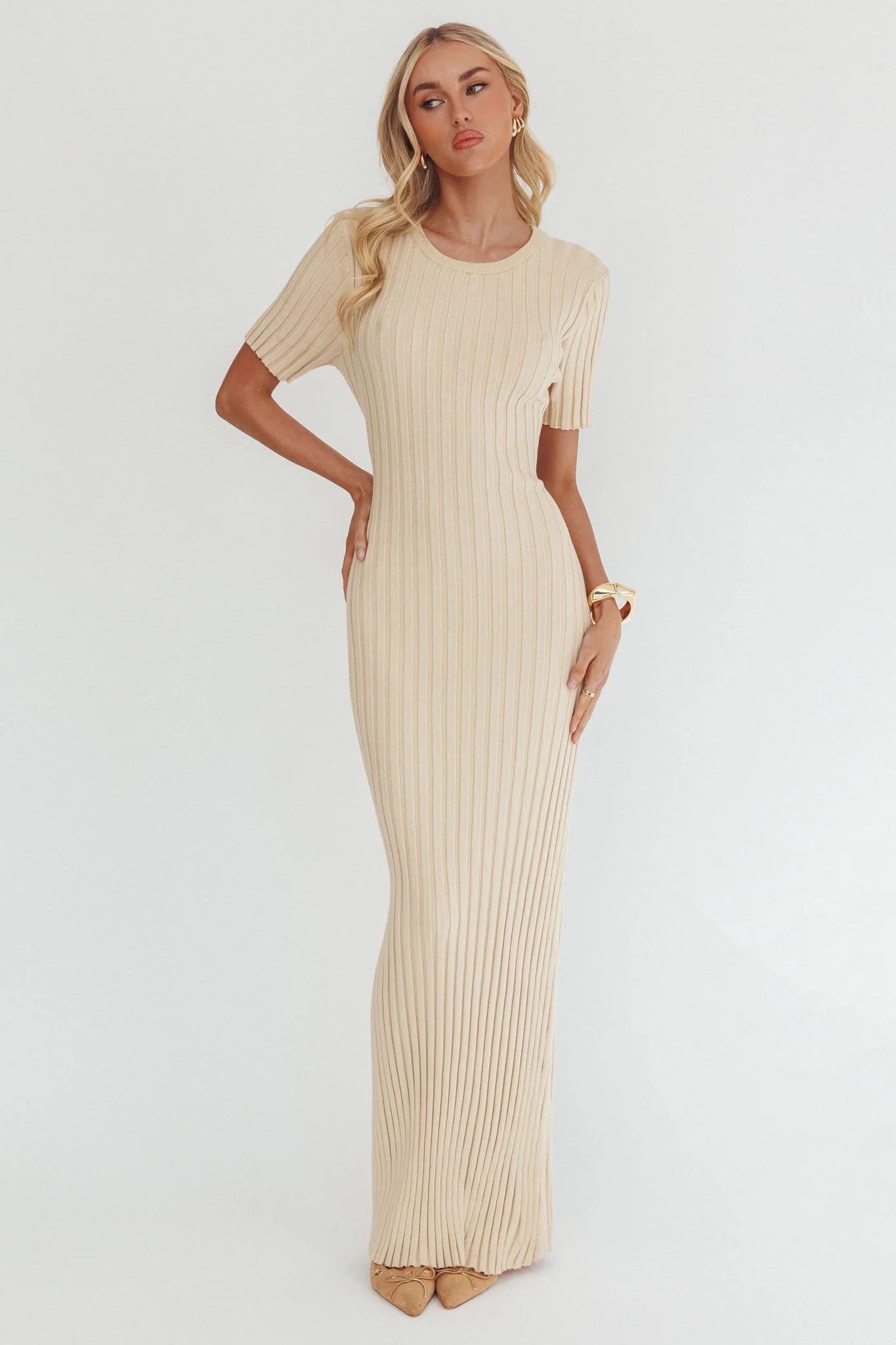 Faylen Waist Tie Ribbed Knit Maxi Dress Cream - Image 6
