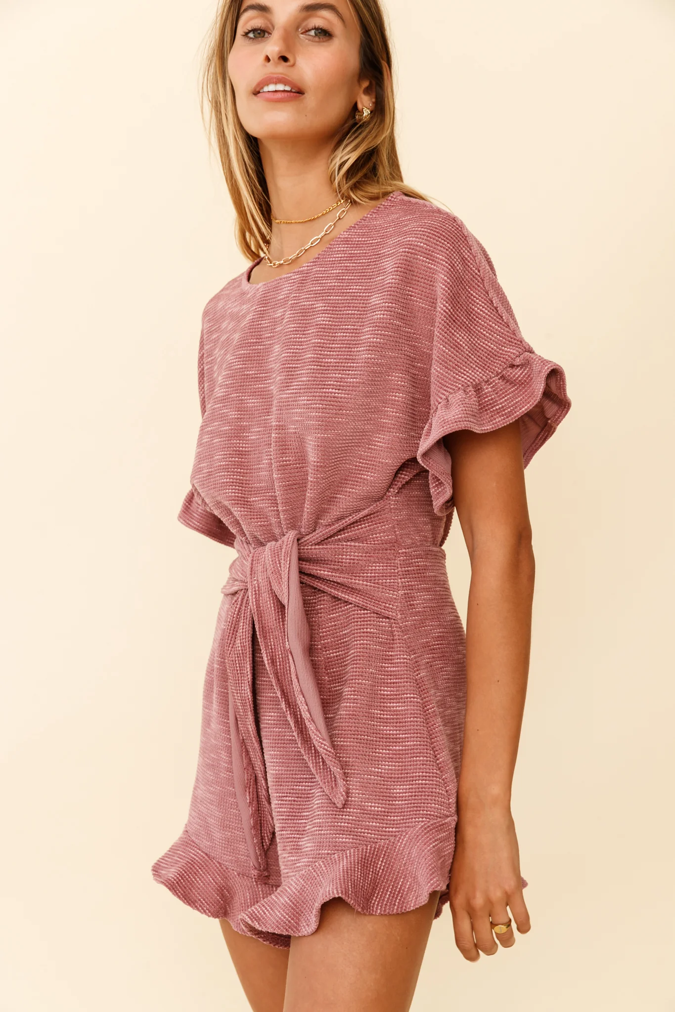 Feelin' Blessed Waist-Tie Frill Trim Romper Mauve - Image 5