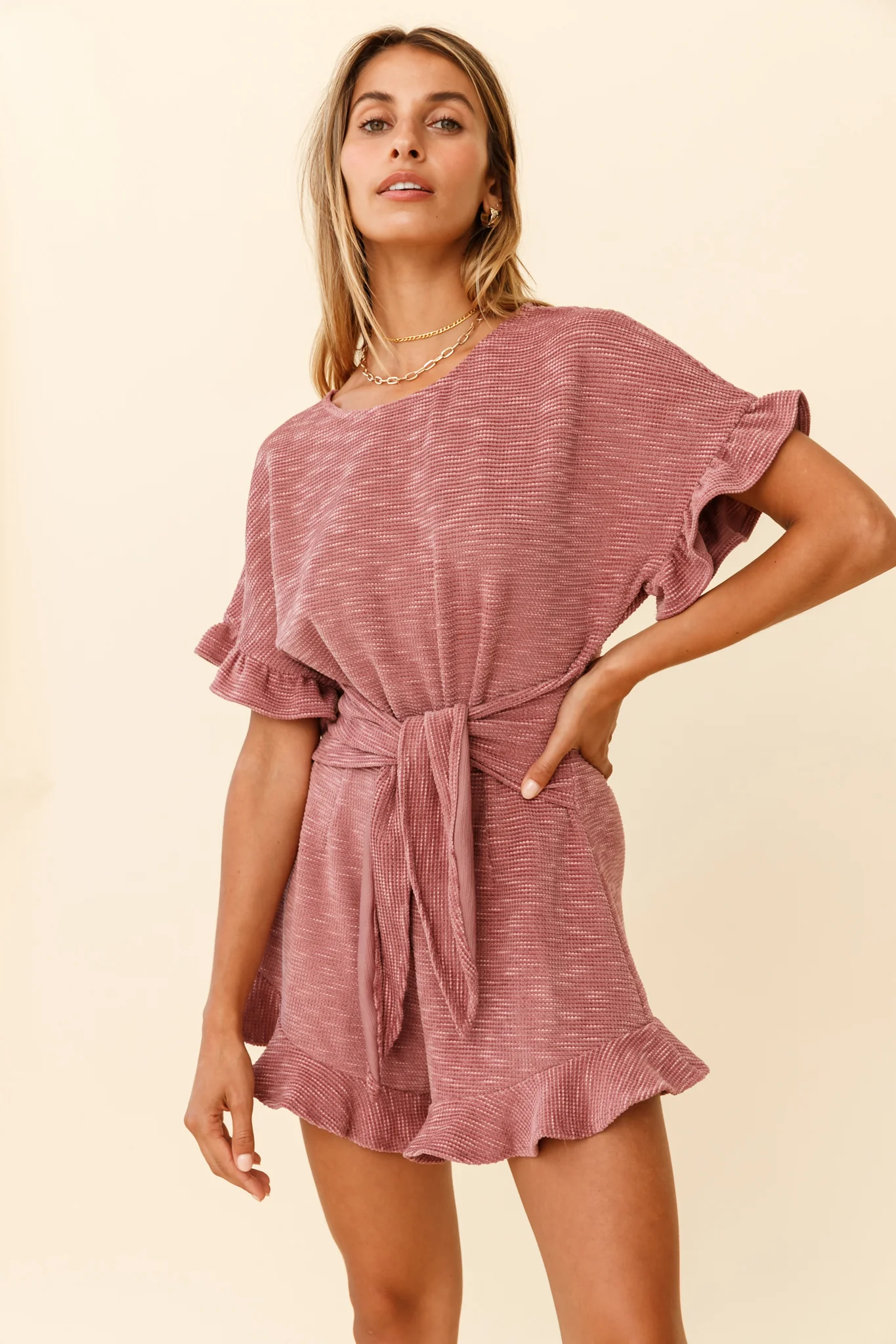 Feelin' Blessed Waist-Tie Frill Trim Romper Mauve - Image 7