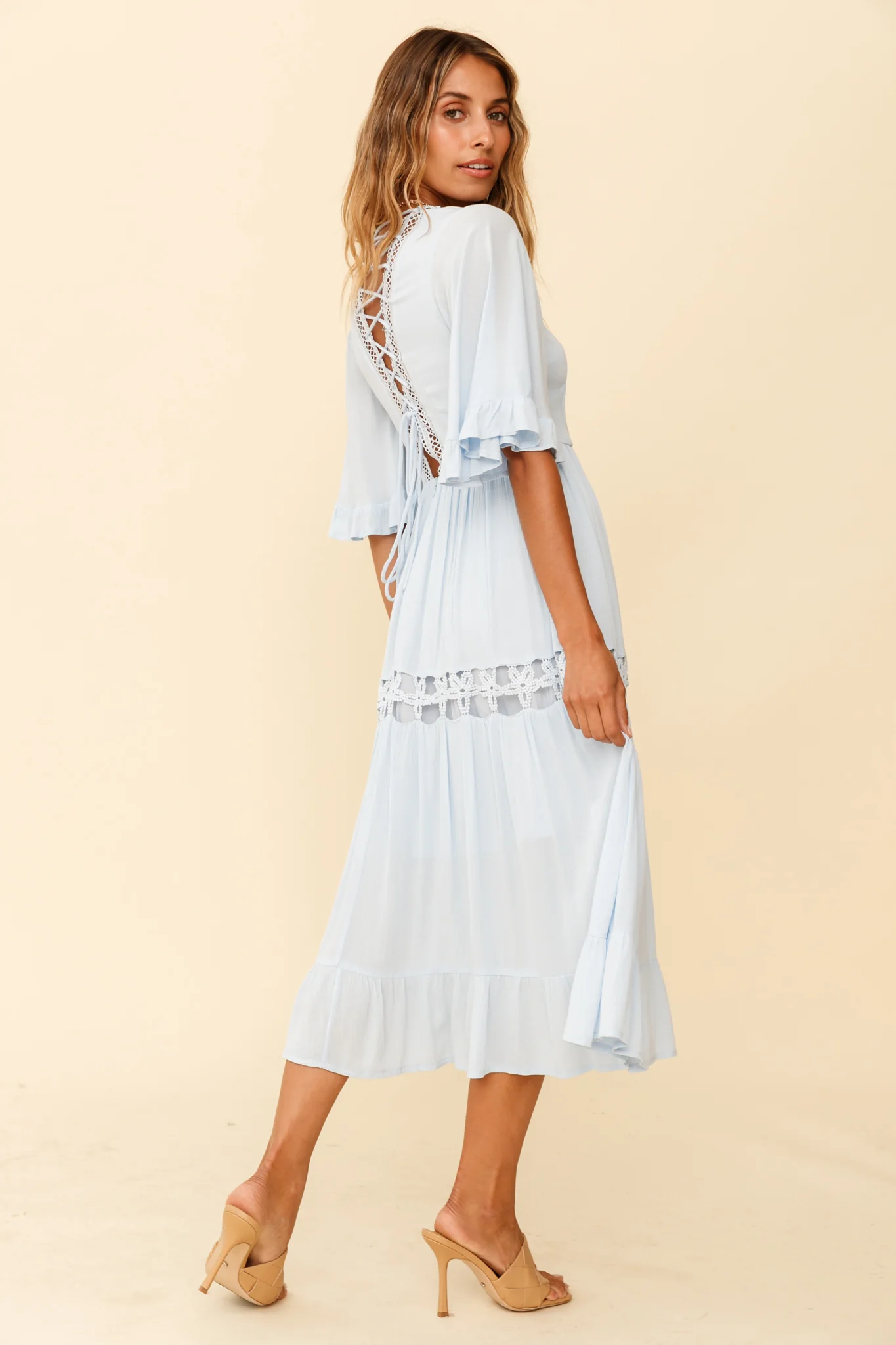Feeling Groovy Bell Sleeve Crochet Trim Maxi Dress Ice Blue - Image 2