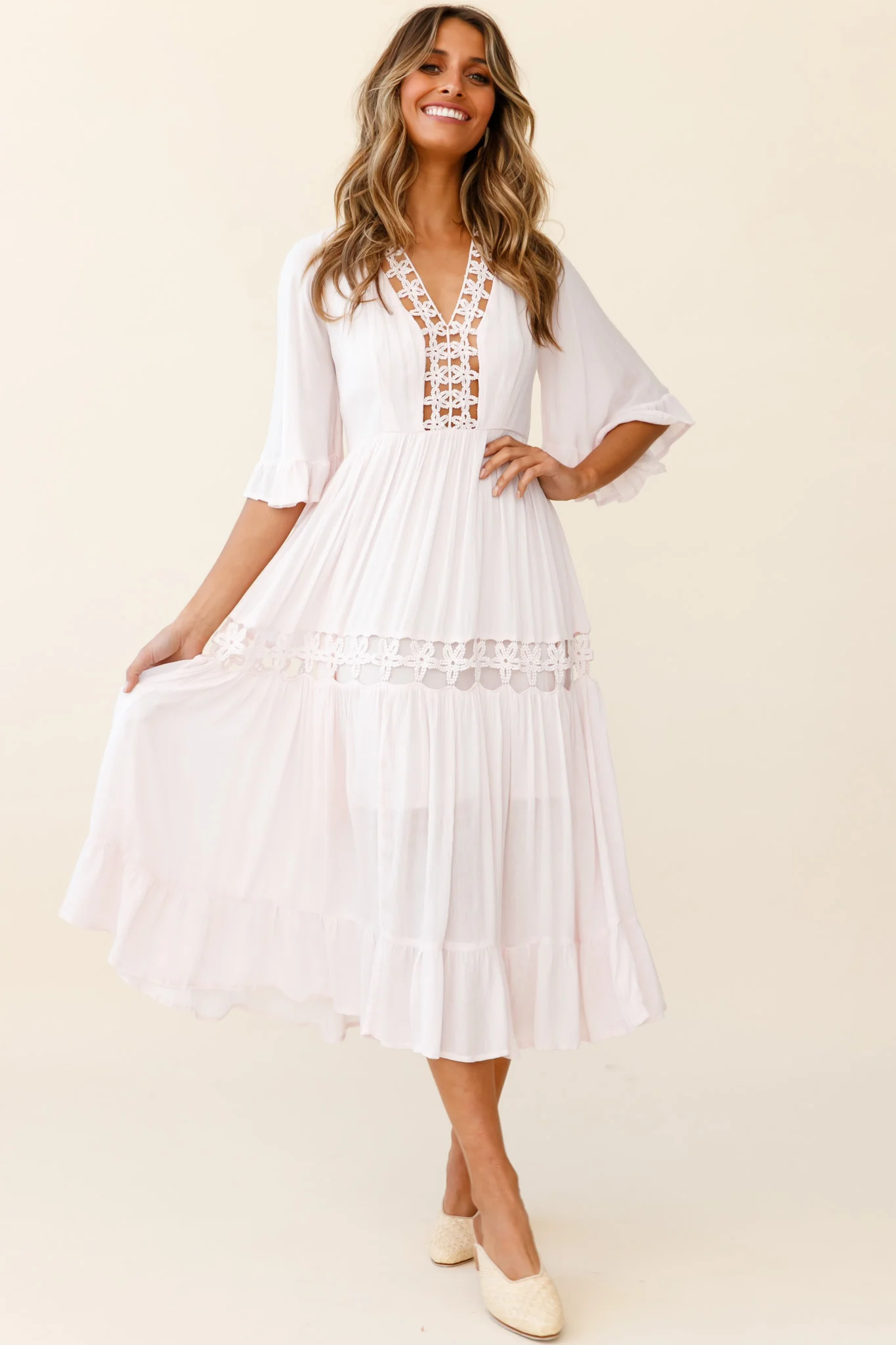 Feeling Groovy Bell Sleeve Crochet Trim Maxi Dress Pink - Image 5