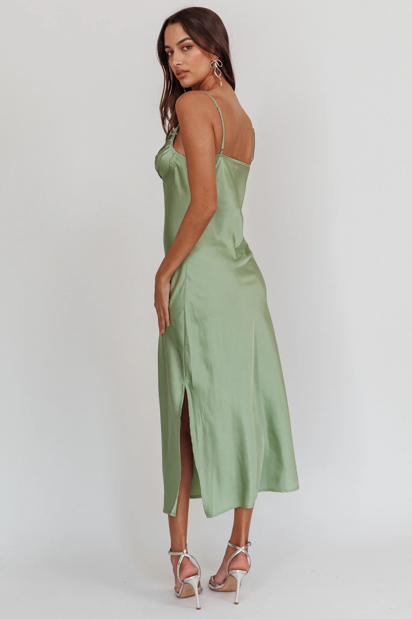 Felicity Pleat Bust Split Midi Dress Sage - Image 2