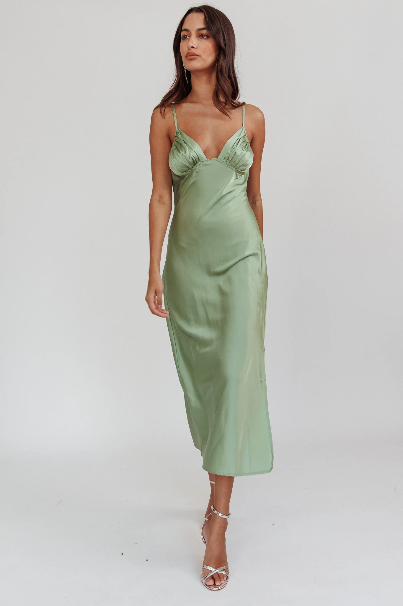 Felicity Pleat Bust Split Midi Dress Sage - Image 3