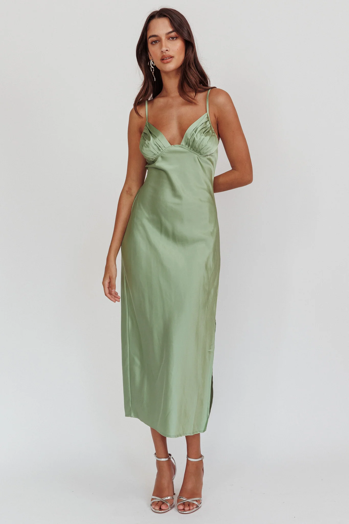Felicity Pleat Bust Split Midi Dress Sage - Image 5