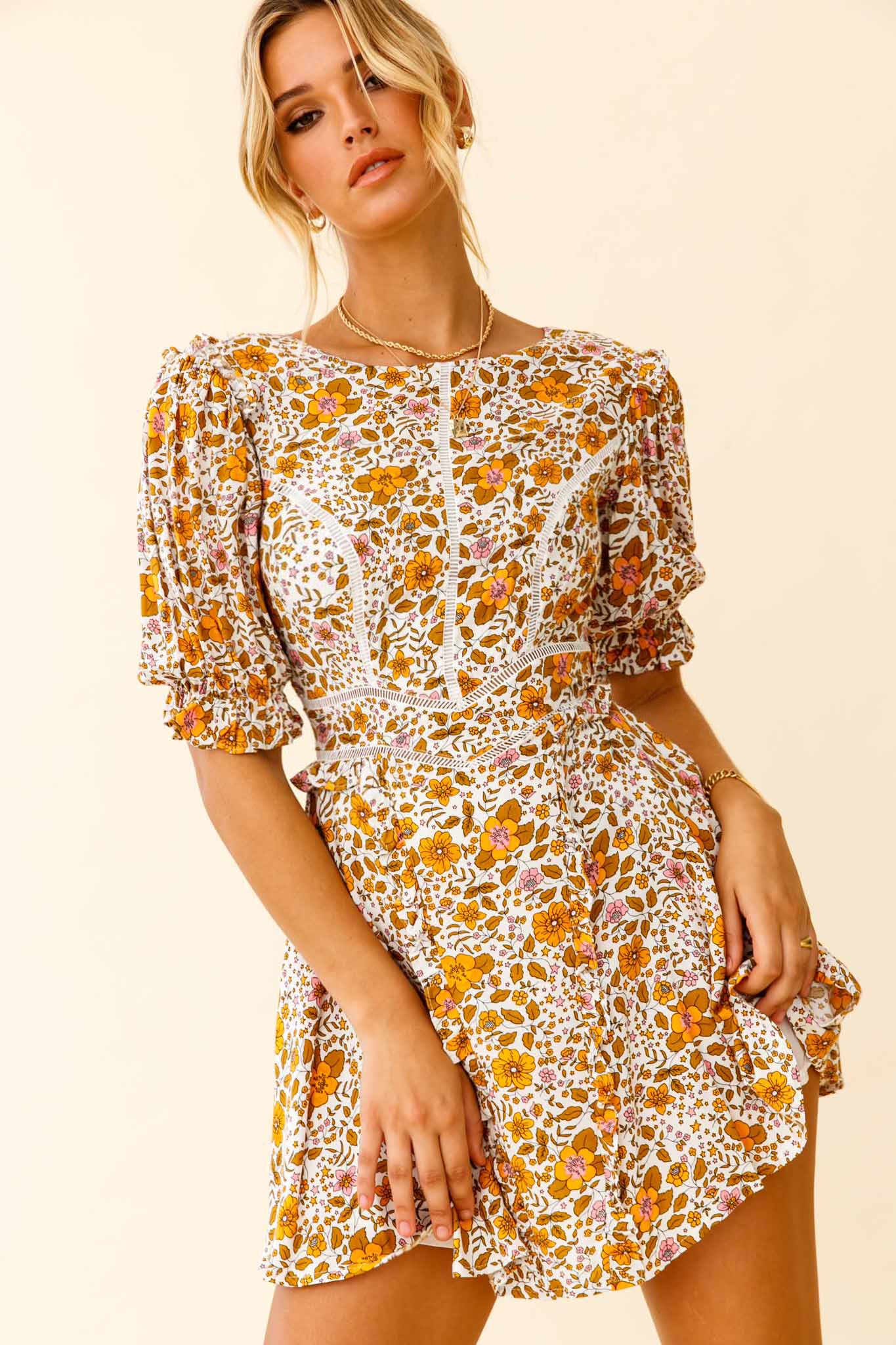 First Impressions Puff Sleeve Keyhole Back Dress Floral Print White/Yellow - Image 8