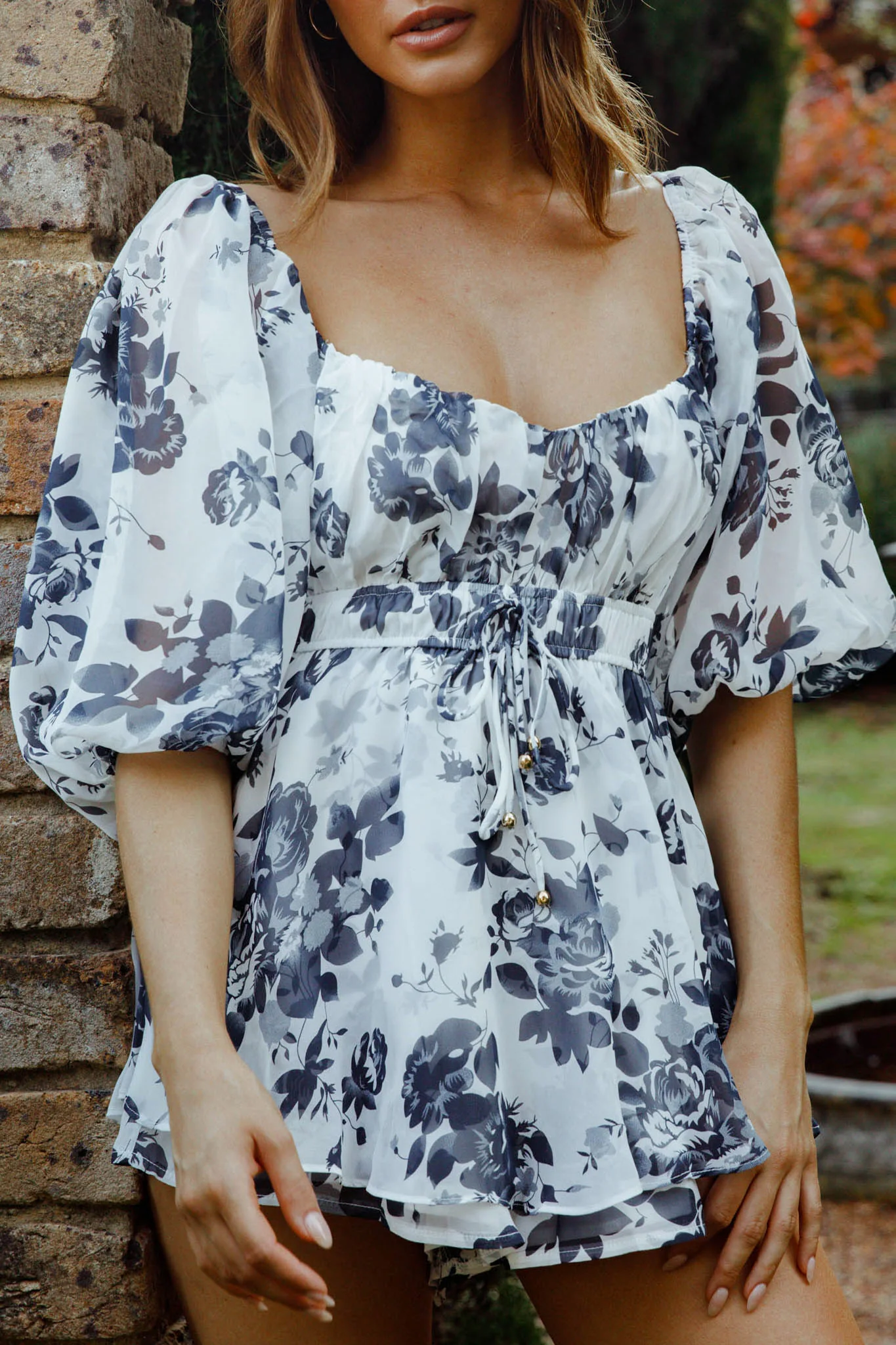 First Light Puff Sleeve Elasticated Waist Romper Floral Print Ink - Image 4