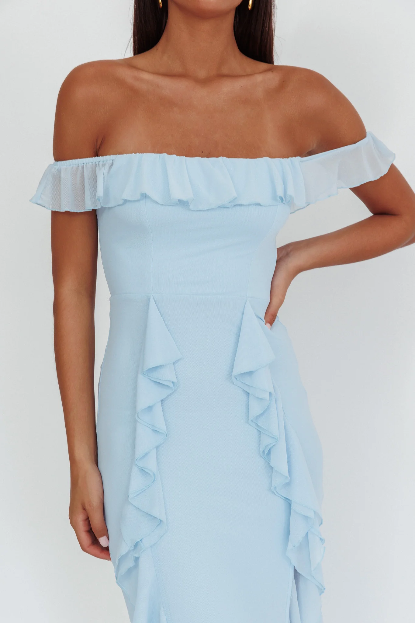 Flamenco Off-Shoulder Ruffle Maxi Dress Blue - Image 3