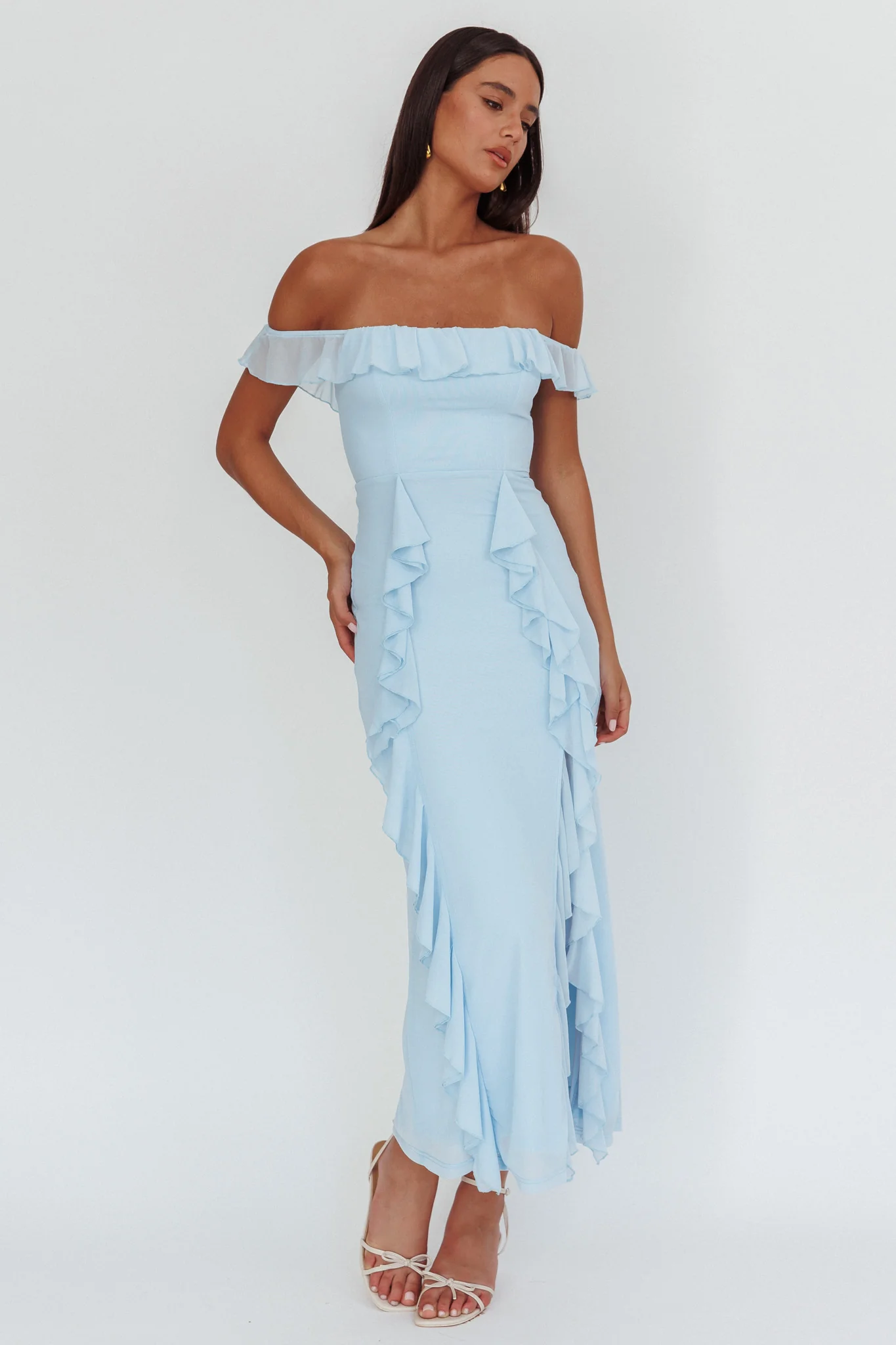 Flamenco Off-Shoulder Ruffle Maxi Dress Blue - Image 4