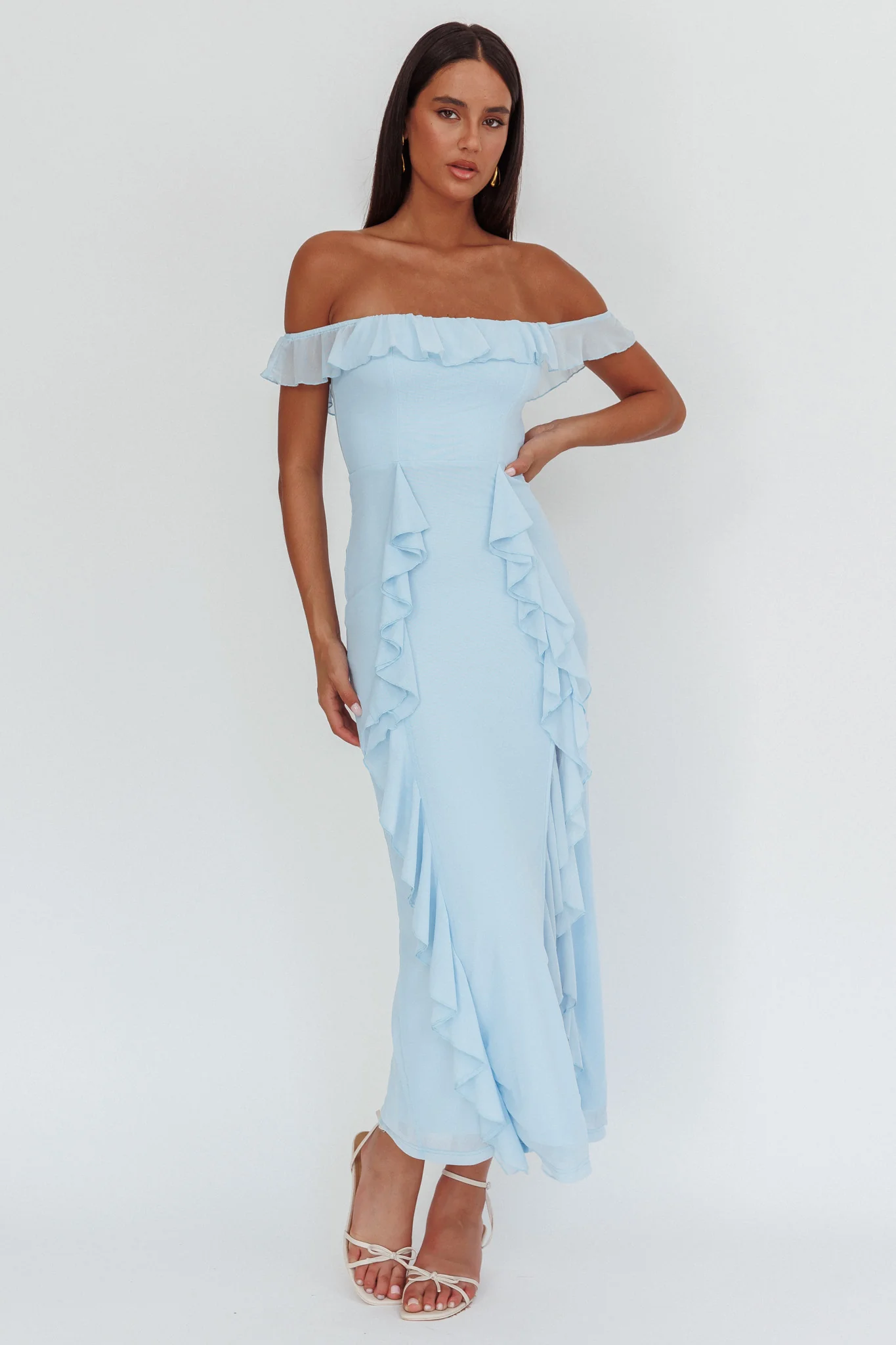 Flamenco Off-Shoulder Ruffle Maxi Dress Blue - Image 5