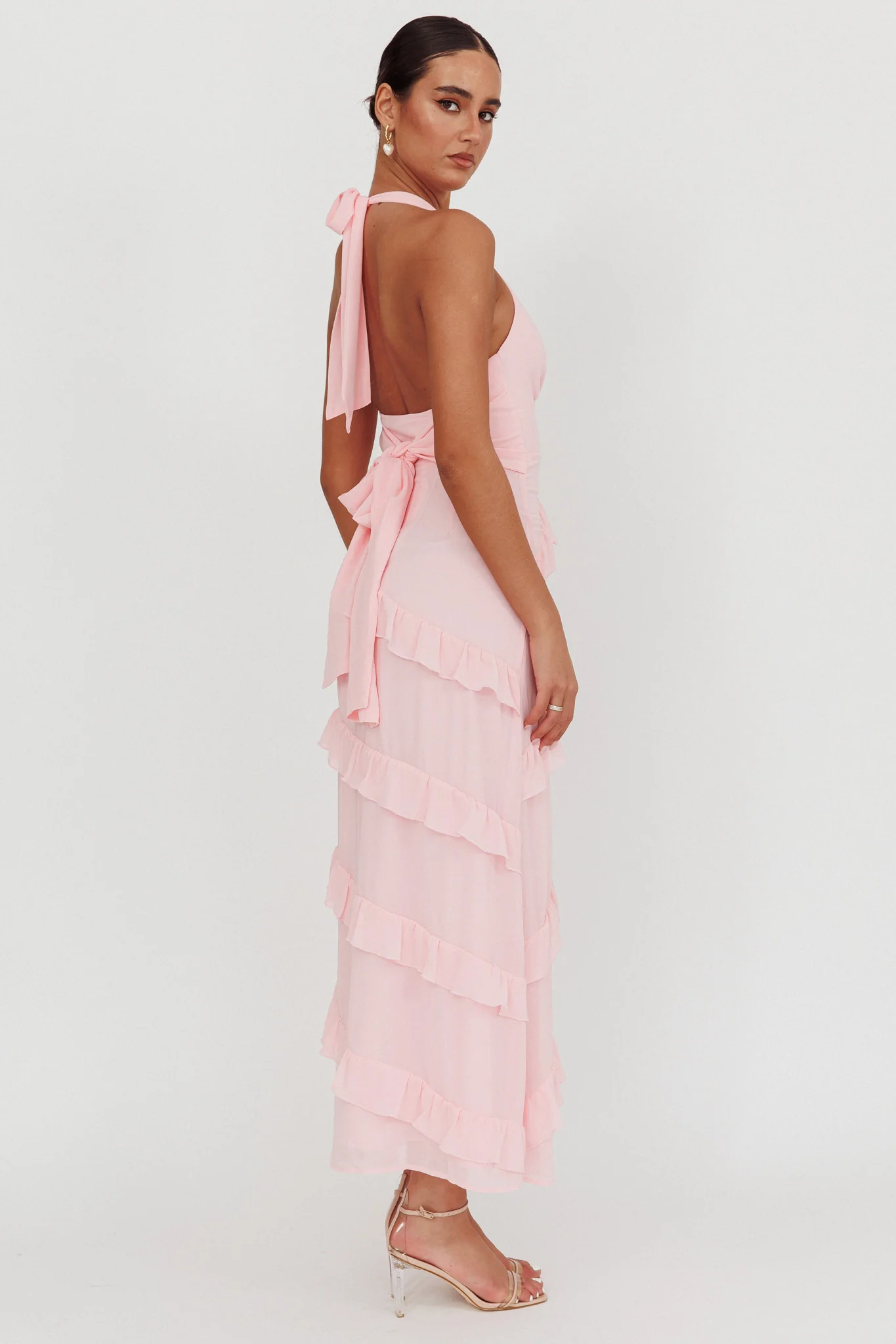 Flirt Frill Trim Halter Maxi Dress Blush - Image 2