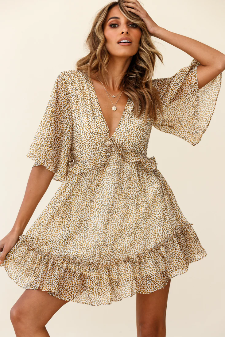 Flissy Angel Sleeve Cut-Out Babydoll Dress Leopard Print Mustard - Image 6
