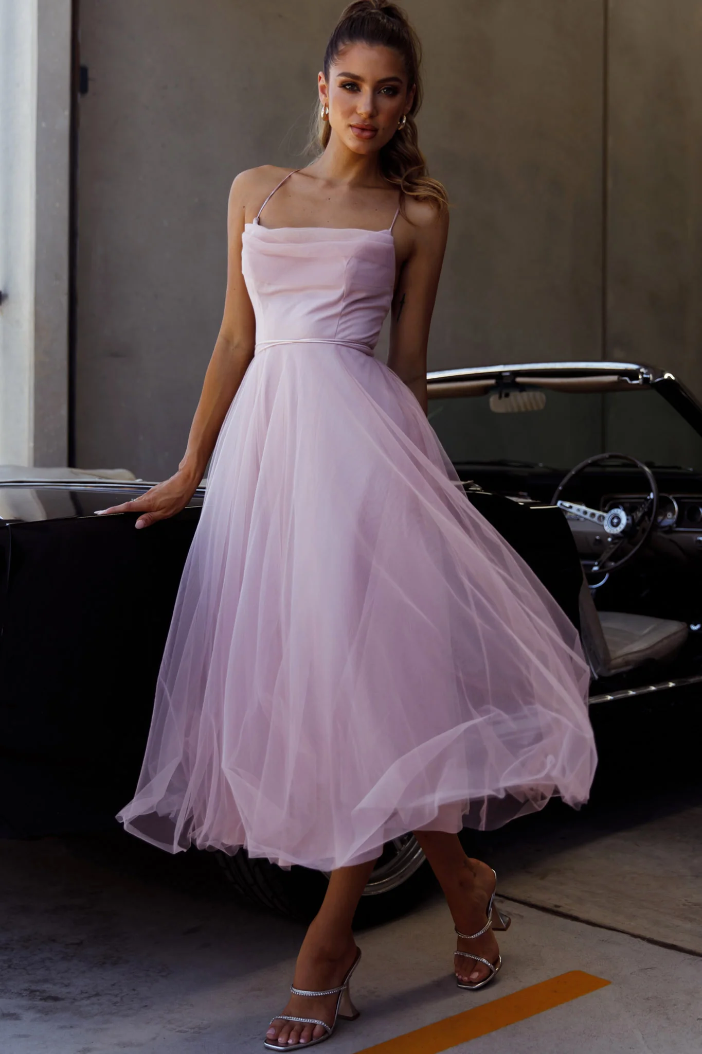 Floating By Pleated Neckline Mesh Midi Dress Blush - Image 3