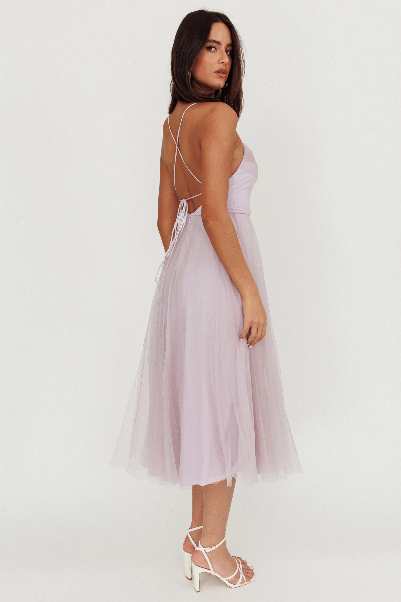 Floating By Pleated Neckline Mesh Midi Dress Lilac - Image 2