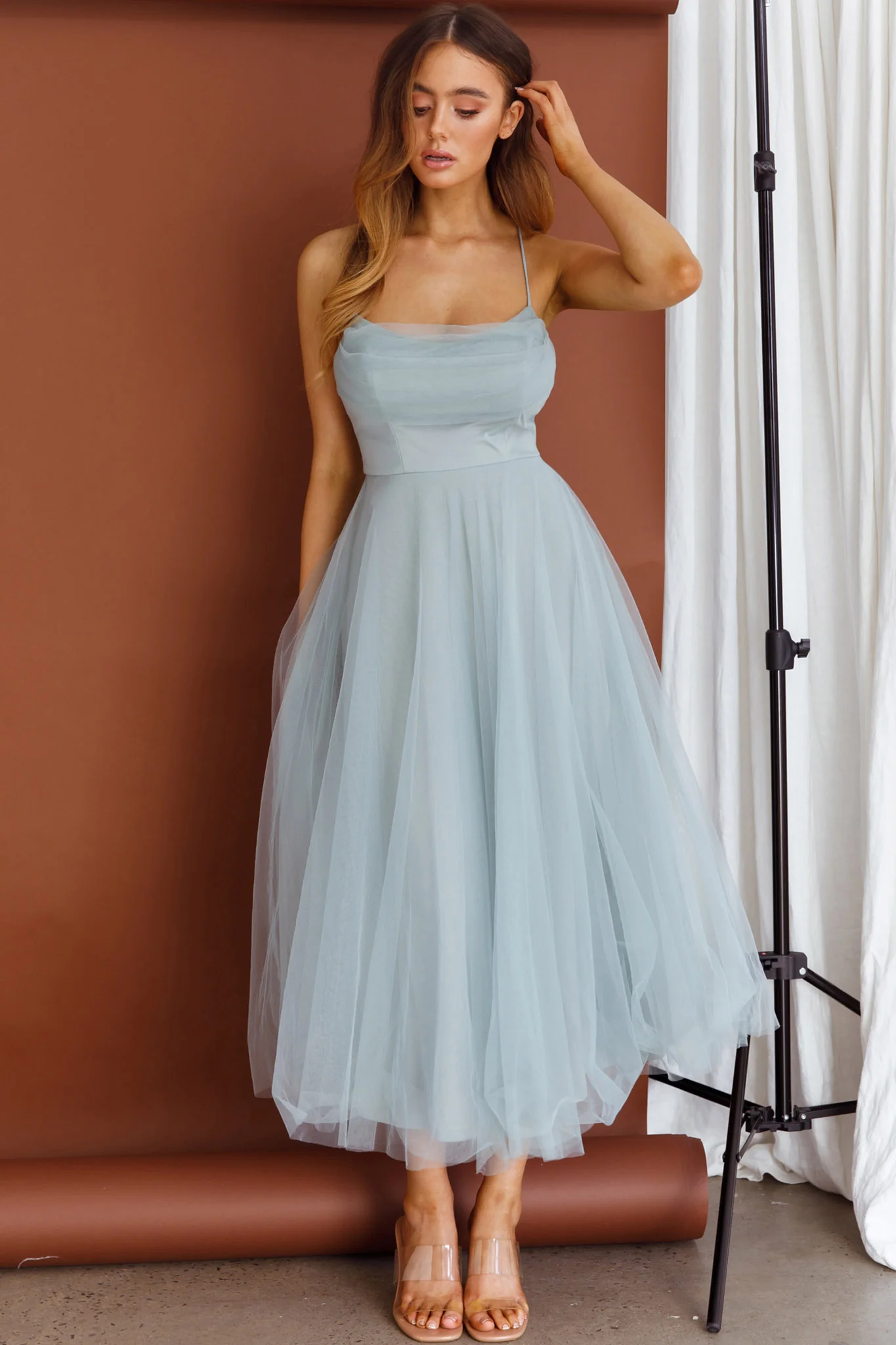 Floating By Pleated Neckline Mesh Midi Dress Sage - Image 7