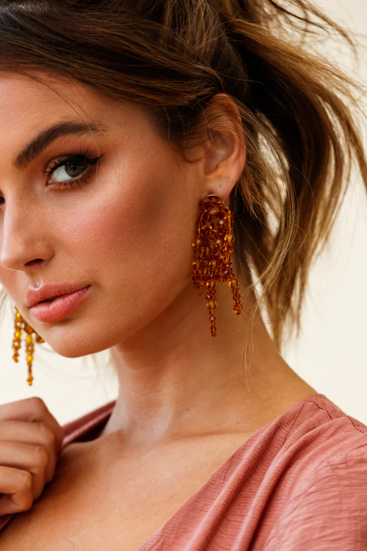 Flora Beaded Bow Earrings Tan - Image 4