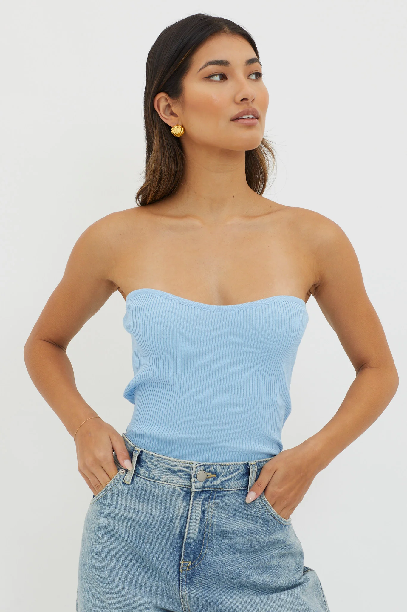 Flora Strapless Knit Top Blue - Image 5